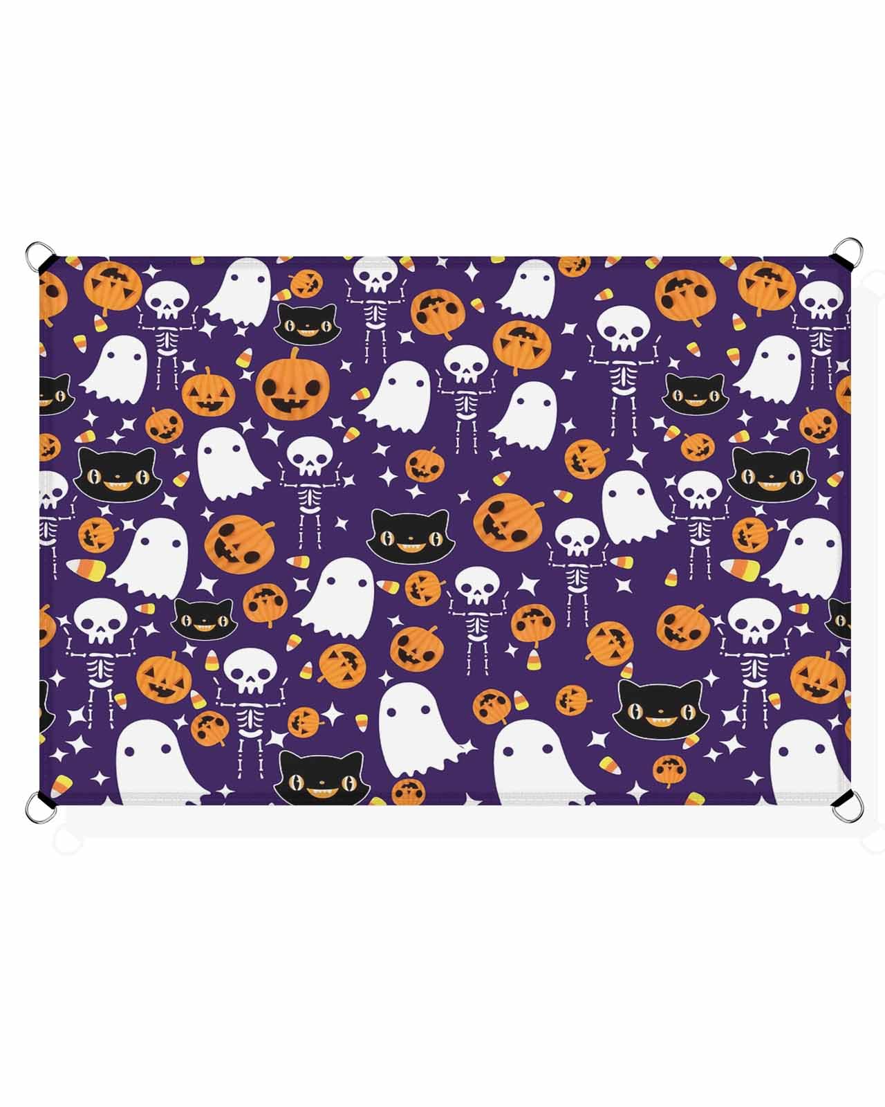 Boanket Sun Shade Sail 6.5' x 10', Halloween UV Block Sun Sails Shades, Orange Pumpkin White Ghost Skeleton Purple Shade Cloth for Patio Deck Terrace Garden Lawns Beach Backyard