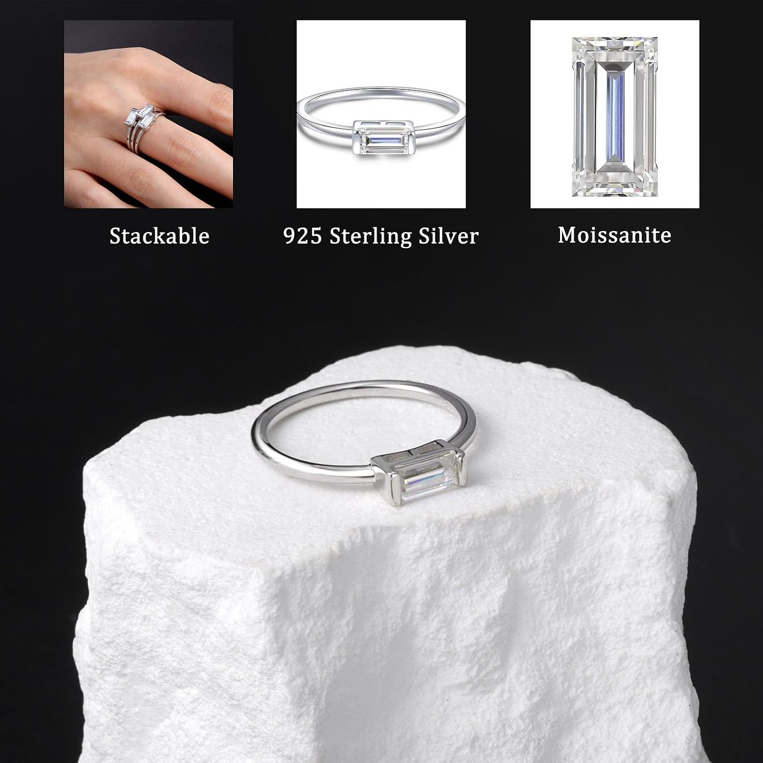 Baguette Moissanite Rings for Women: 925 Sterling Silver Baguette Ring Stackable 0.75CT White Gold-plated Jewelry for Her Anniversary Engagement Gift
