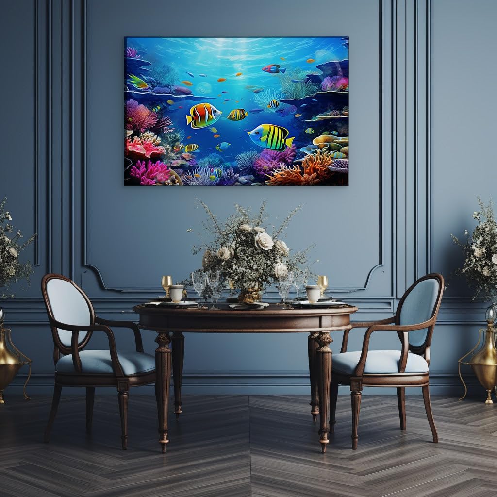 Canvas for Living room. Dive into a Kaleidoscope � Underwater Wonders Amidst the Living Coral Reefs, 27 x 18 inch Canvas Wall Art - Ready to Hang