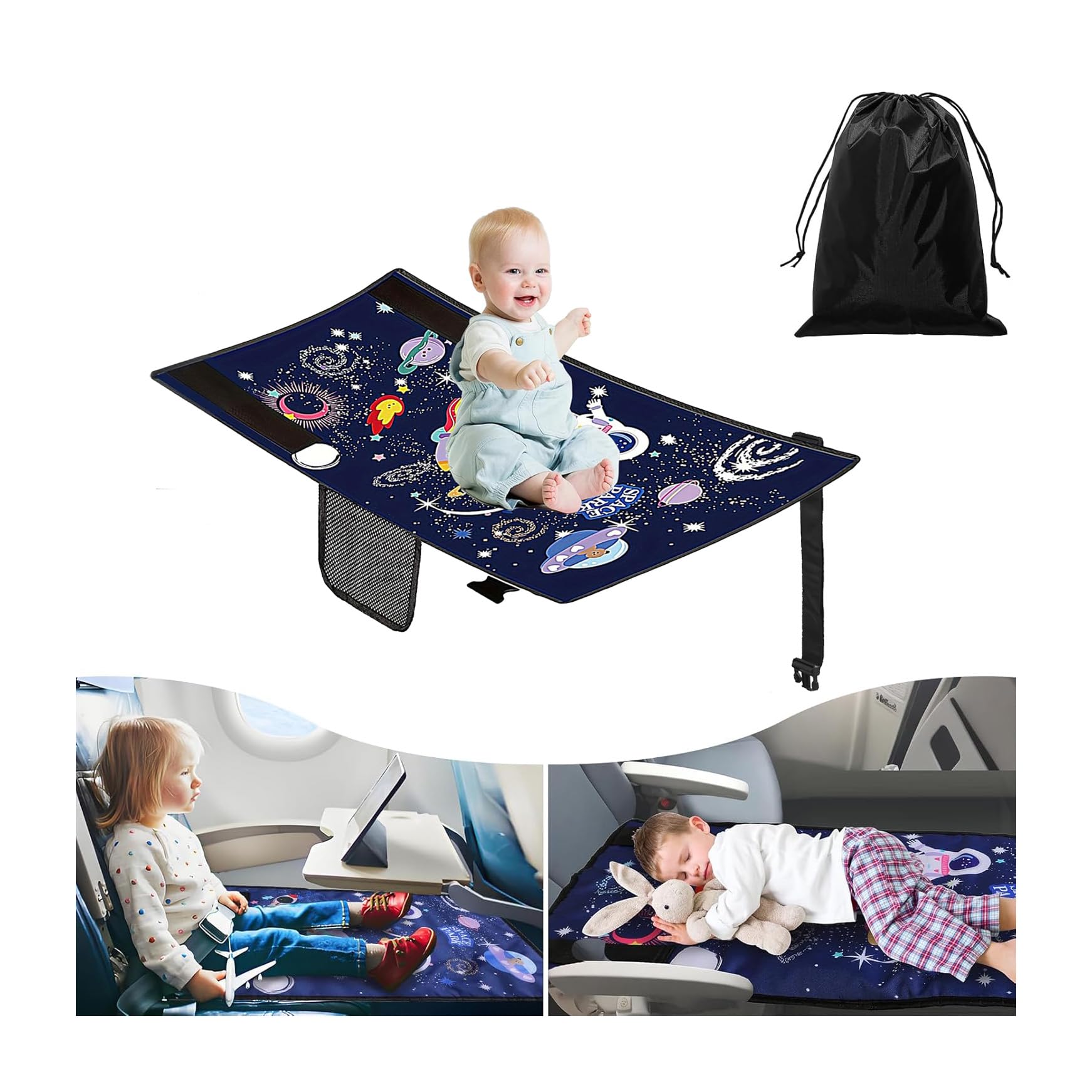 Toddler Airplane Travel Bed, Kids Airplane Seat Extender, Portable Toddler Bed, Toddler Kids Travel Essential Airplane Bed with Side Pocket, Blue