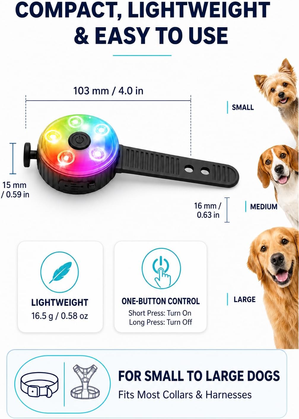 3-Pack Collar Light with Memory Function, 8 Modes, IPX7 Waterproof | 24 hour runtime, flower shaped light, visible up to 1550 ft, fits all dog sizes, thicker adjustable strap