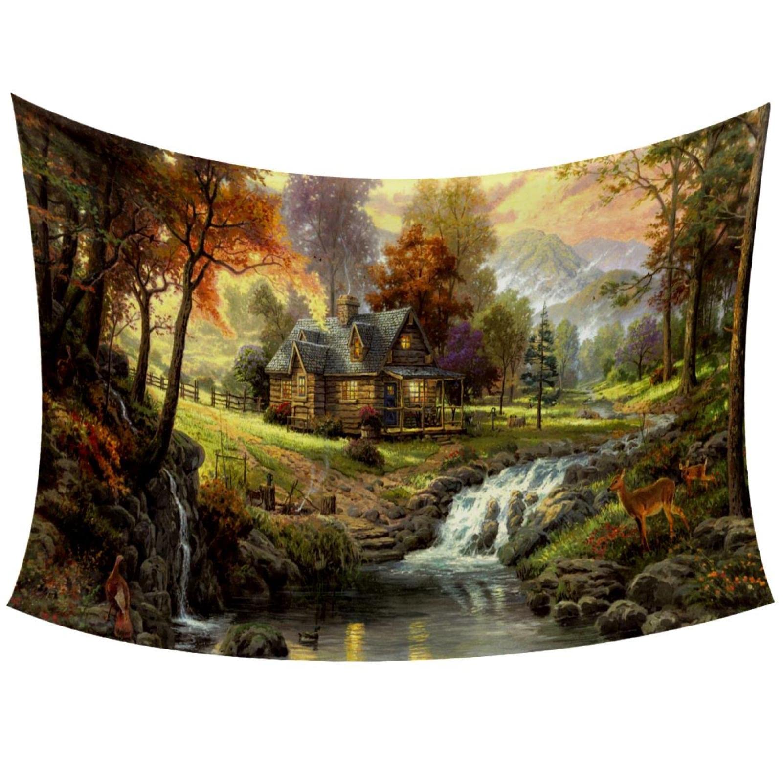 Serborlur Arazzo Da Parete Con Sole, Montagne E Fiume, 150x130 Cm, Tessuto Poliestere, Vintage Estetico