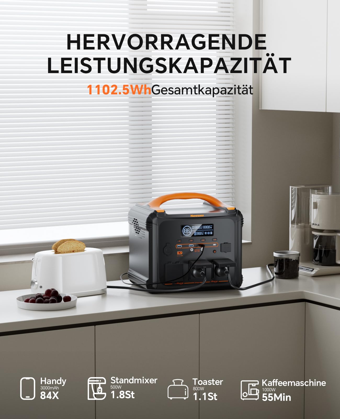 Newsmy Power station portatile da 1102,5 Wh con 230 V/1200 W (punta 2400 W), presa pura onda sinusoidale, ricarica rapida 1,2 ore, uscita PD100 W (Power Station portatile 1200 W)