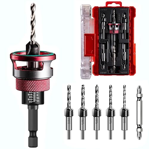 Miniatura 14 de Juego de 15 brocas avellanadoras con tope de profundidad de baja fricción, brocas HSS M2 cabeza cónica 1/8" 9/64" 5/32" taladro + avellanado 3/8