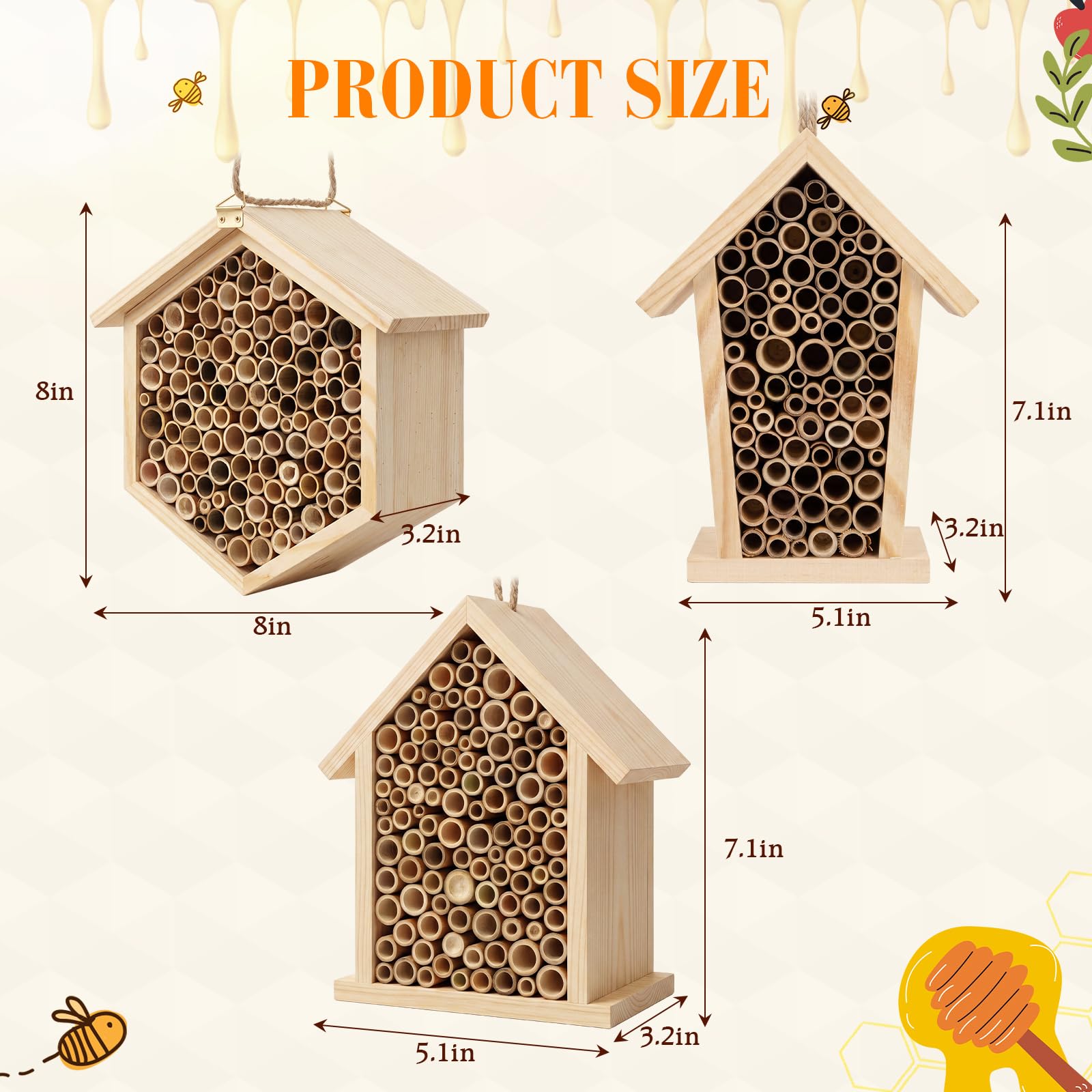 Marsui Mauerbienenhaus, Holz, handgefertigt, Bienenhotel, Outdoor, Bestäubung, Insektenbox, Lebensraum mit Röhren für Gartendekoration, 3 Stück
