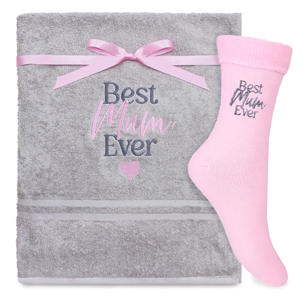 Teddyt's Grey, Pink Best Mum Ever Embroidered Light Grey Bath Towel & Pink Bed Socks Set