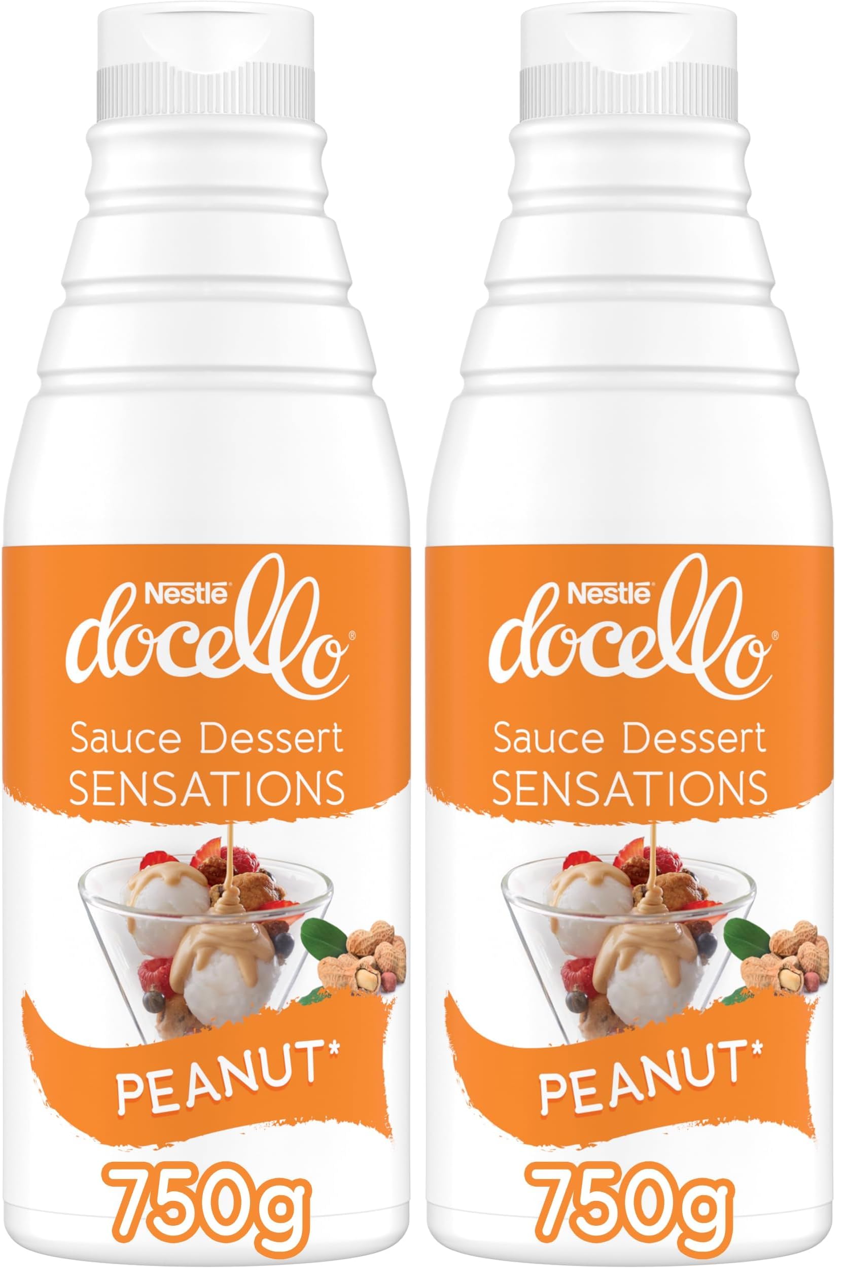 NESTLÉ DOCELLO Sauce Sensation Peanut - Sauce Dessert Cacahuète - Forte Teneur en Cacahuète (30%) - Aide à la Pâtisserie, Topping, Nappage Gâteau, Coulis - Bouteille Squeeze - 750g (Lot de 2)