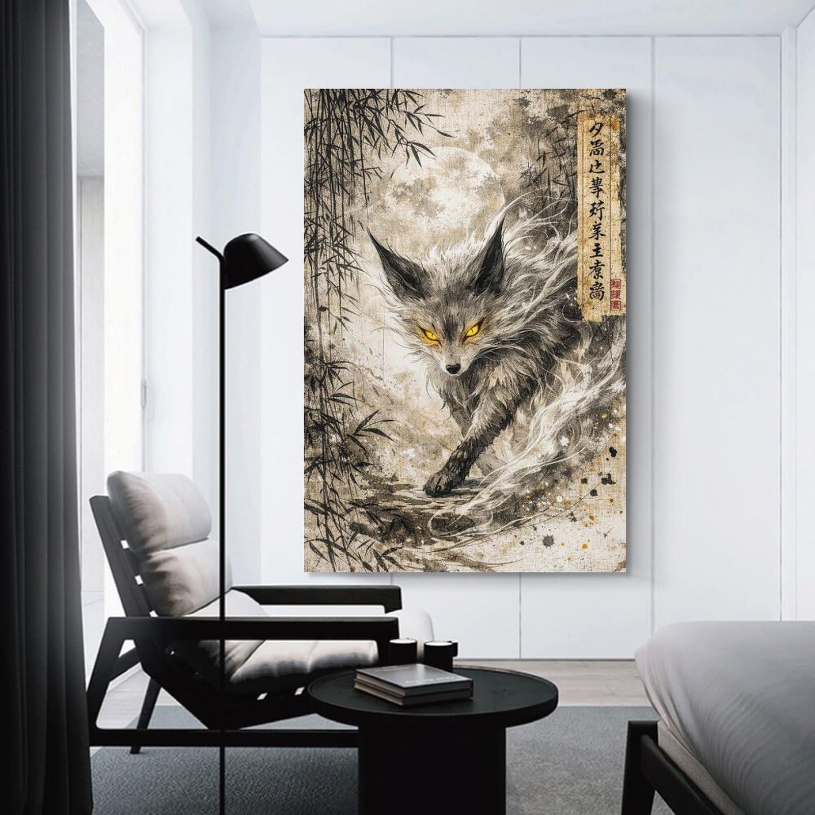 Junmoney Mystical Fox Under The Moon Decorative Canvas Print, 24x36inch(60x90cm), for Hallway, Bedroom Or Modern Interiors, Gift Idea for Housewarming And Birthdays