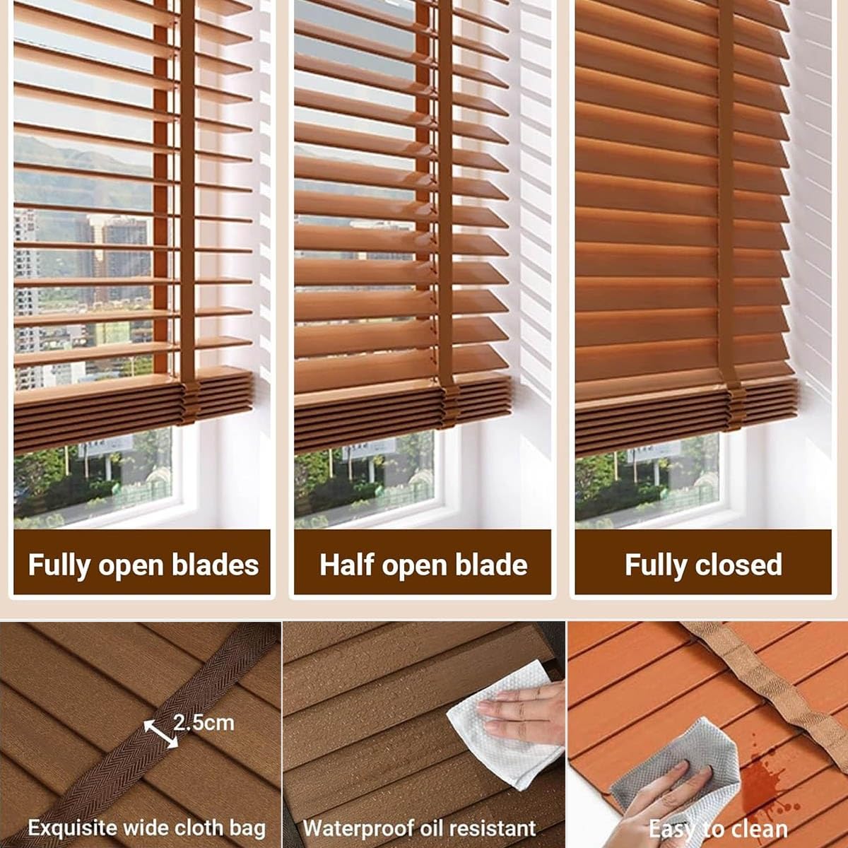 Jalousie Holzjalousie 50mm Holz jalousien Jalousette Echtholz W 25/35/50/65/80/90/100/135/160cm Sonnenschutz/Sichtschutz Vorhänge Anpassbare Jalousie(Mocha Brown)