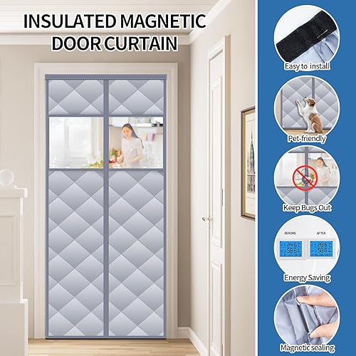 Miniatura 4 de Cortina de puerta magnética con aislamiento térmico con ventanas visibles desmontables, relleno de fibra de poliéster grueso y tela Oxford duradera,