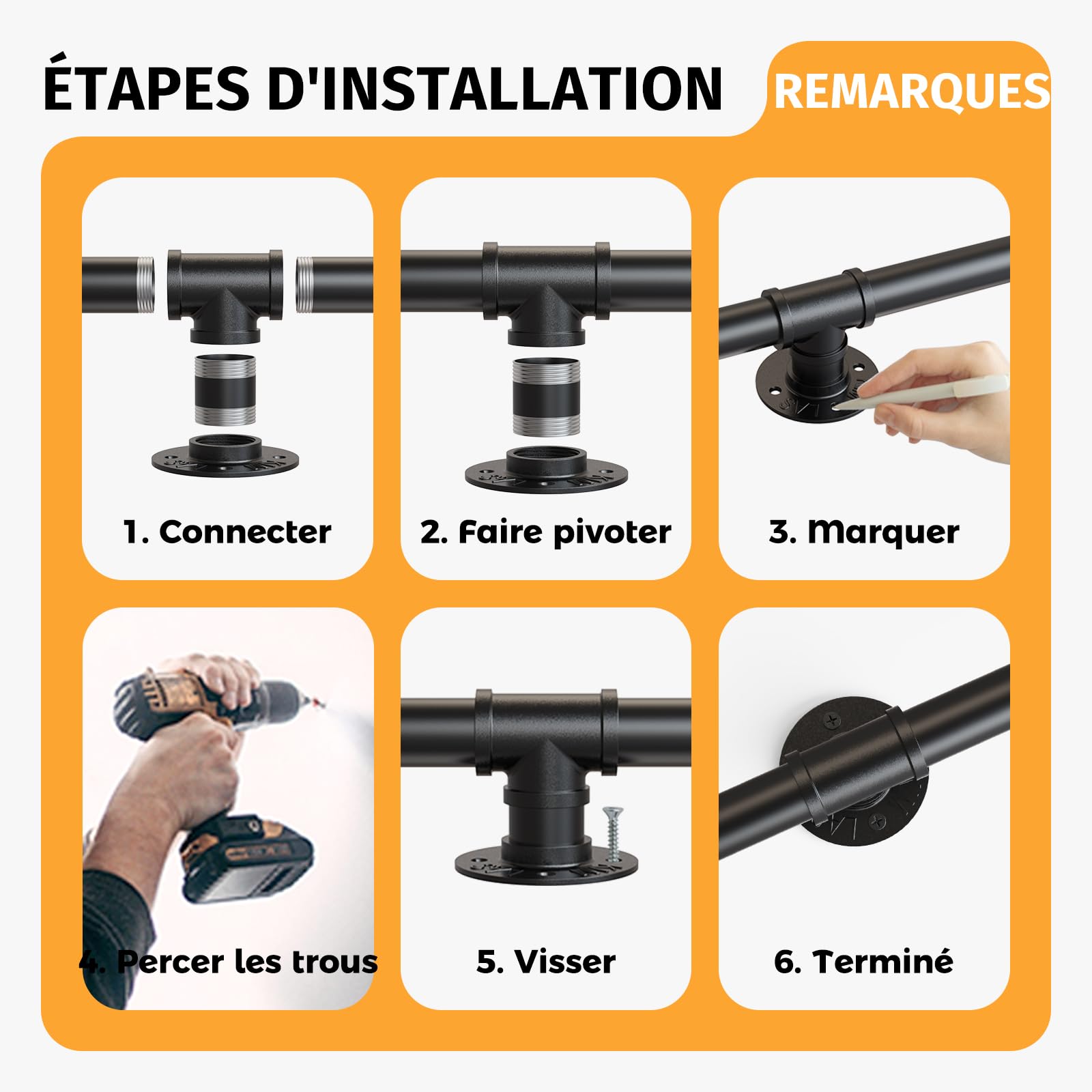 Noir Support de Rampe escalier Main Courante d'escalier | Balustrade Garde Corps escaliers poignée terrasse pour intérieur et extérieur | Rambarde Support,150cm