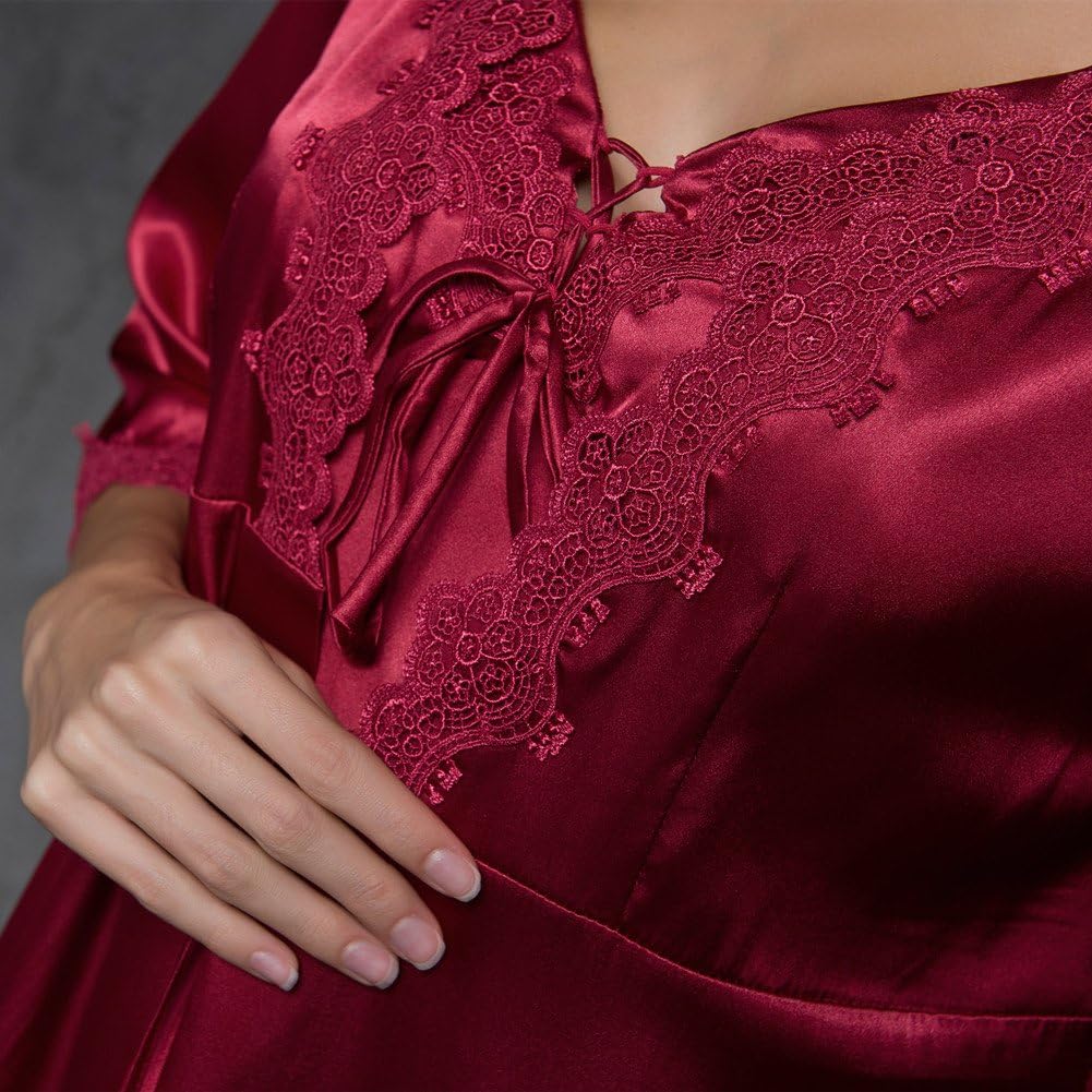 SUNBABY Women Sexy Silk Satin Robe Camisole Pajama Dress 2 Piece suit Sleepwear (L, Burgundy) - Image 2
