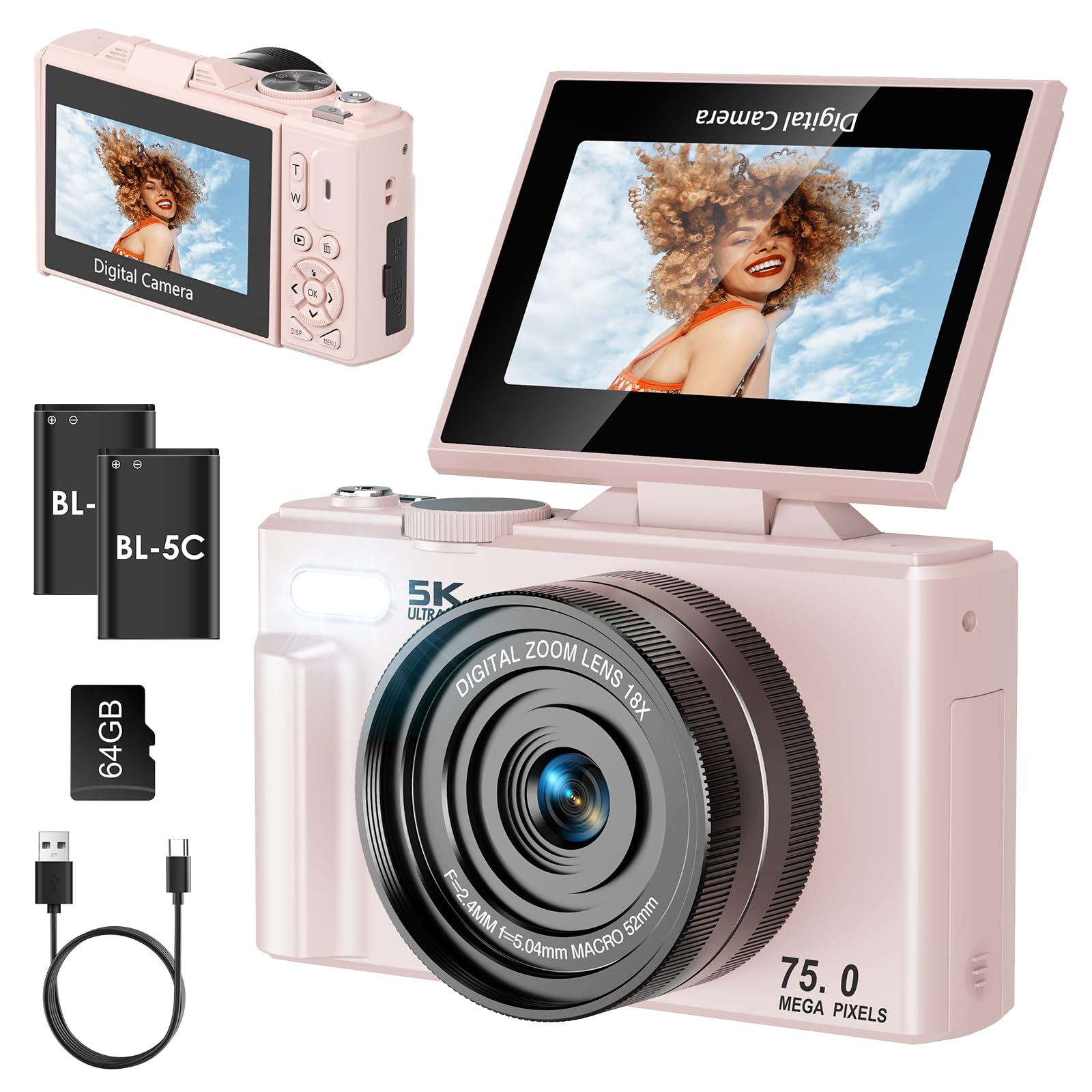 SOPPY Fotocamera digitale 5K 75MP con trasferimento WiFi, zoom 18x, schermo flip da 3" e messa a fuoco automatica, fotocamera compatta per vlogging per bambini, ragazzi e principianti, include scheda