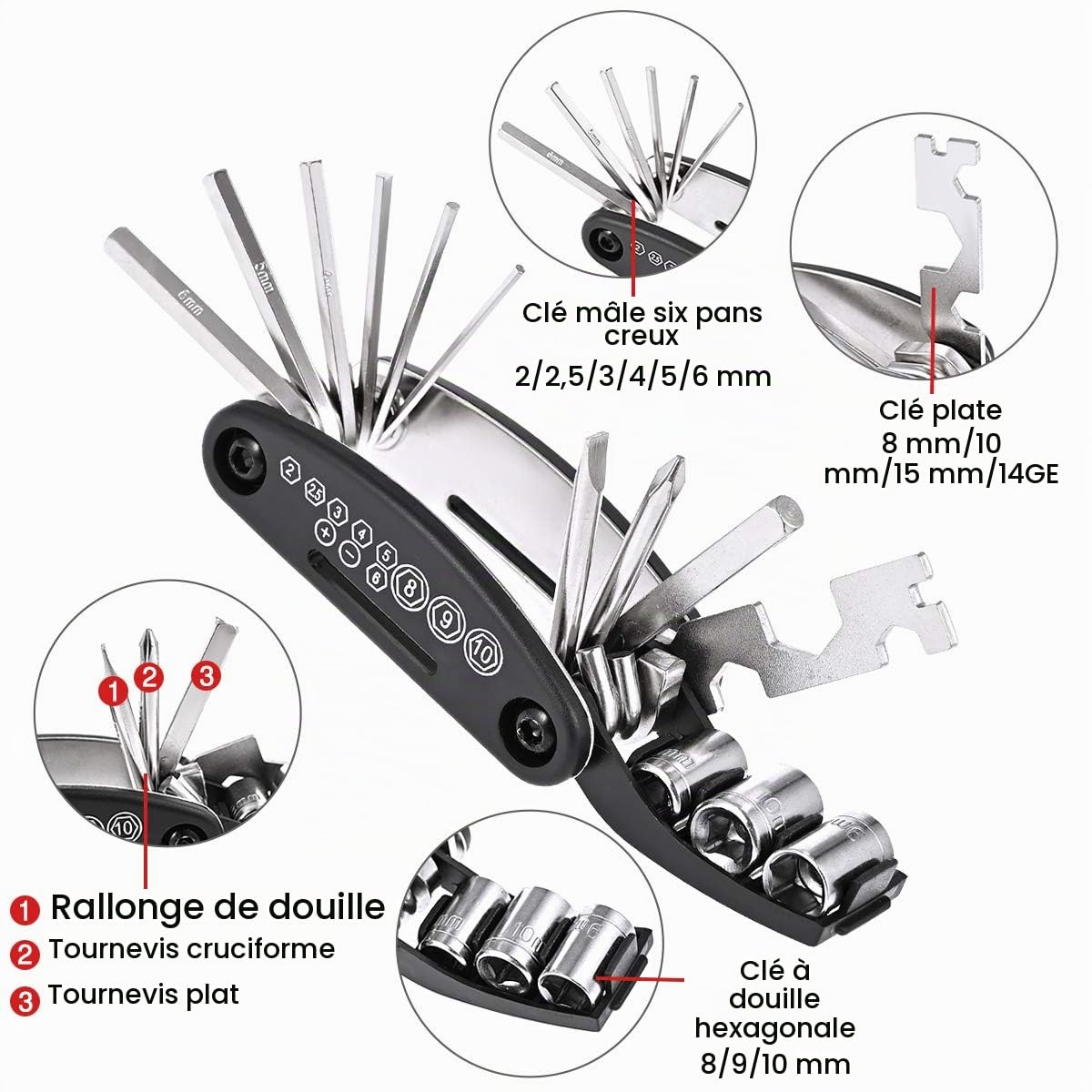 Nabance 16-en-1 Outil Réparation Vélo Multifonctionnel Pliable Portable en Acier Inoxydable de Haute Qualité - Kit de Maintenance