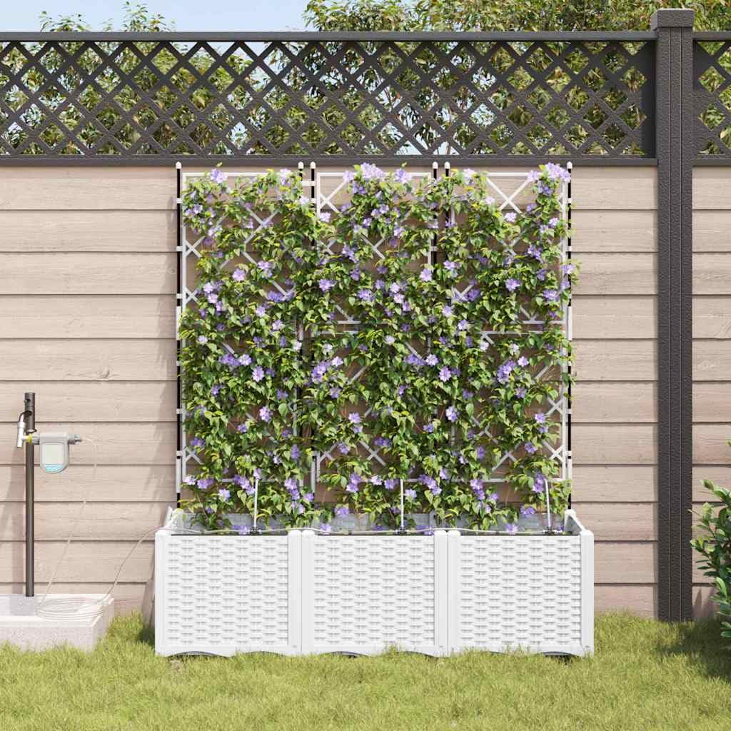 Lot de 3 pots de fleurs de jardin avec système d'auto-irrigation, jardinière surélevée moderne en plastique pour jardin et terrasse - Blanc - Pour fleurs et herbes - 120 x 40 x 142 cm