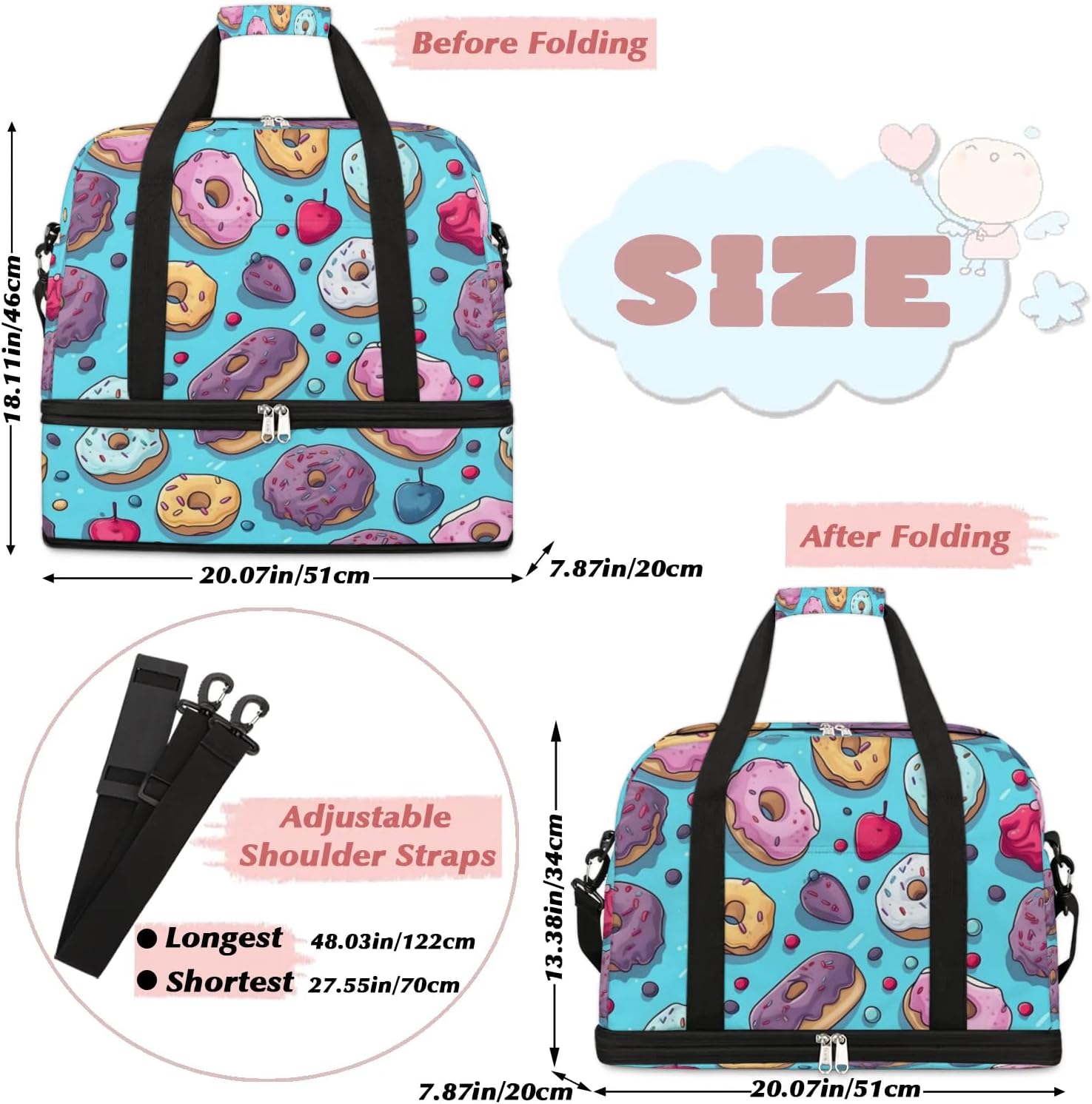 Sports Duffel Bag, Foldable Doughnuts Travel Duffel Bag, Gym Yoga Beach Bag Weekender Overnight Bag with Shoes Compartment for Men Women, Sweet Doughnuts