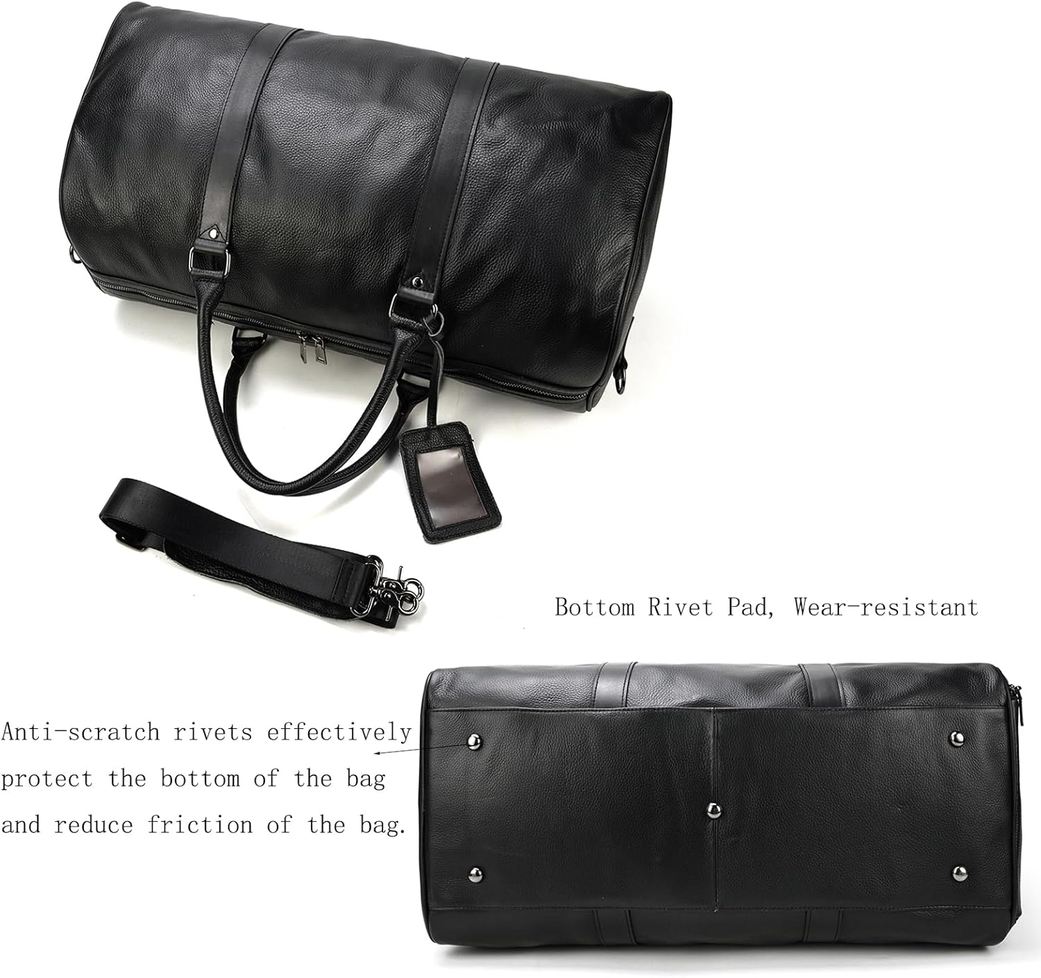 Leather Travel Bag Large Capacity Luggage Duffel Bag with Shoe Compartment, Men Women Weekend Shoulder Handbag for Holiday Business Trip (55cm-Black) - Image 4