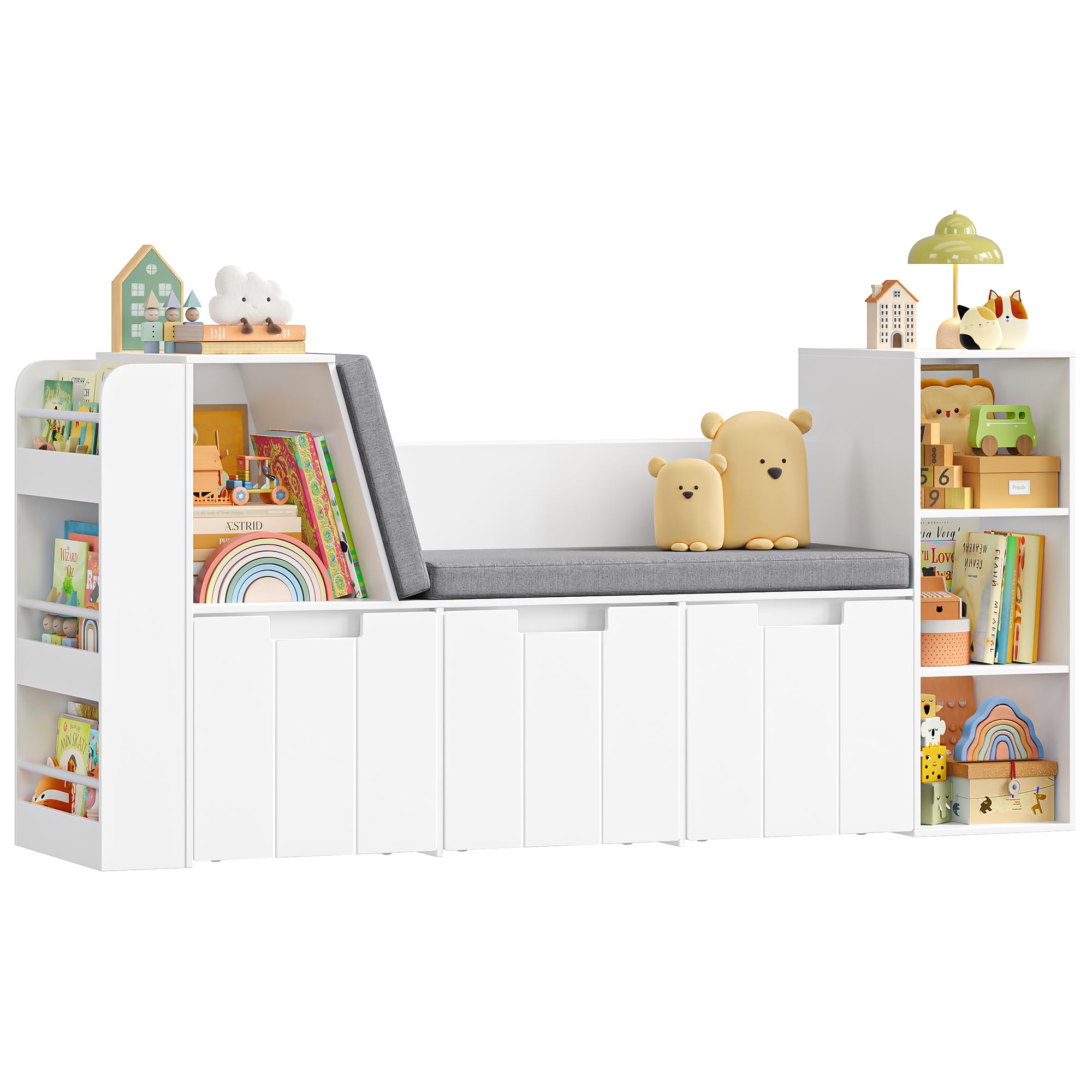 HOCSOK Kinderregal, 156 cm Bücherregal Kinder mit Sitzbank, Spielzeugregal Kinderzimmer Aufbewahrung mit Boxen auf Rollen, Kinderzimmer Regal Weiß, 80×38×156 cm