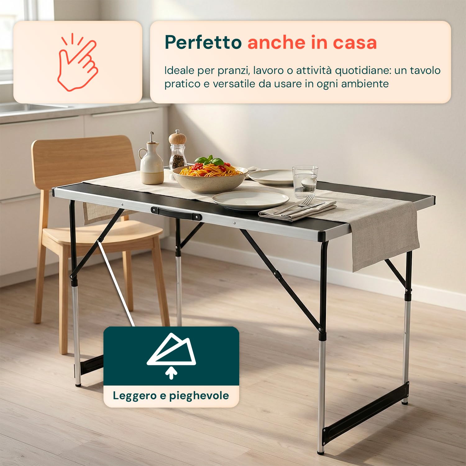 Tavolo Pieghevole Set da 3 con 4 Altezze Regolabili, Struttura in Alluminio e Piano in MDF, per Campeggio, Giardino ed Eventi, Leggero, Salvaspazio e Facile da Trasportare