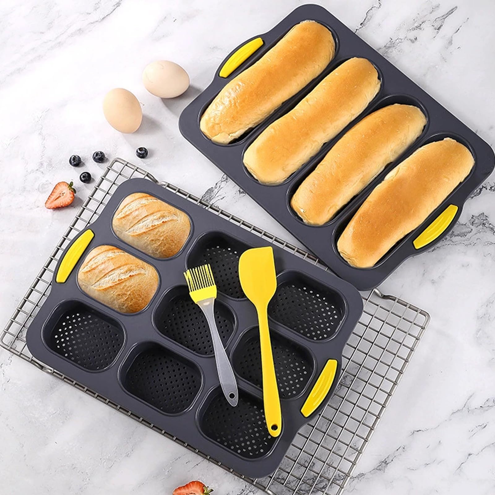 Baking Mould baguette baking Vassoio 3 Rolls Antiaderente Pane Stampi da forno baguette Vassoio Easy Clean Silicone Baking baguette Strumento di pane per la cottura (grigio, baguette)