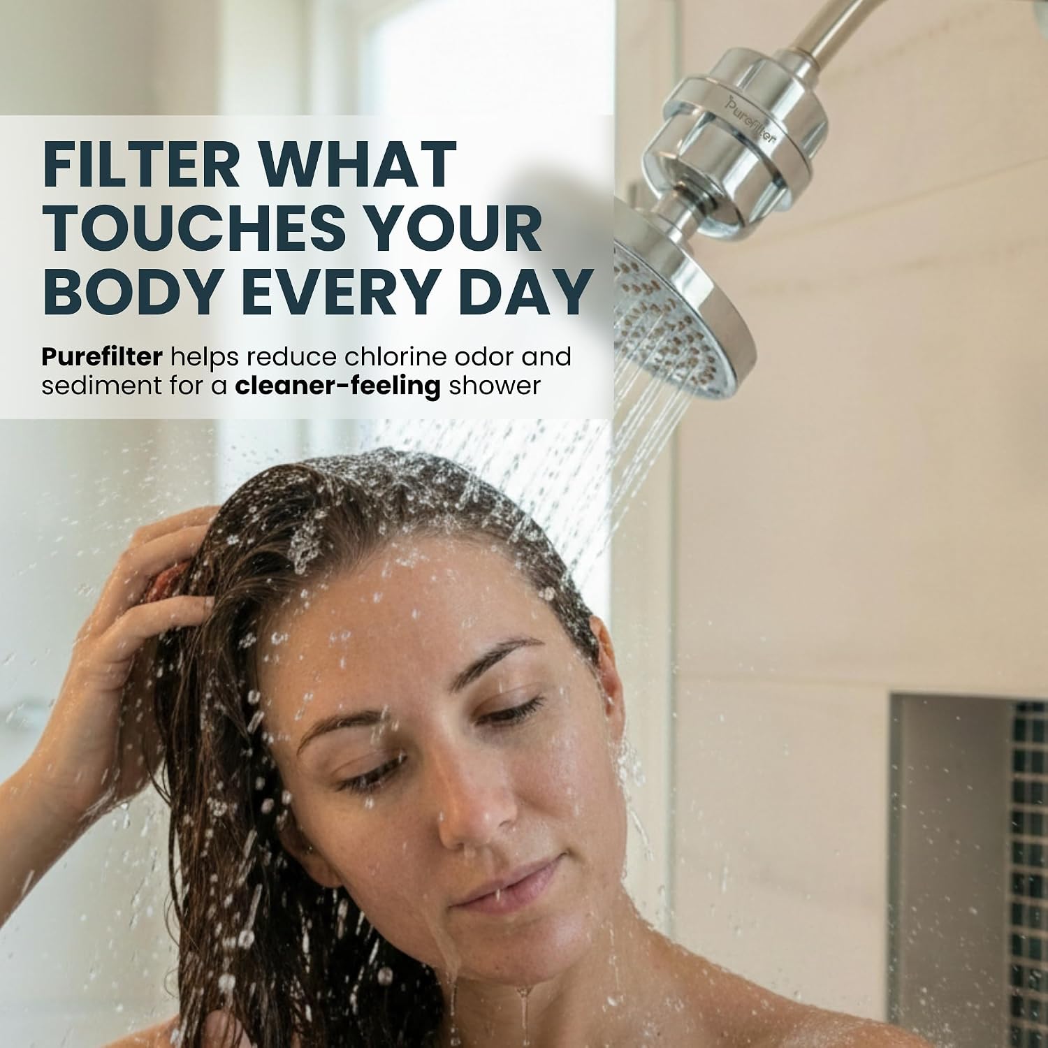 Purefilter Shower Filter for Hard Water - Reduces Dry Skin, Dull Hair & Chlorine Odor | 15-Stage Filtration, High Output, Fits All Showerheads, No Tools Required