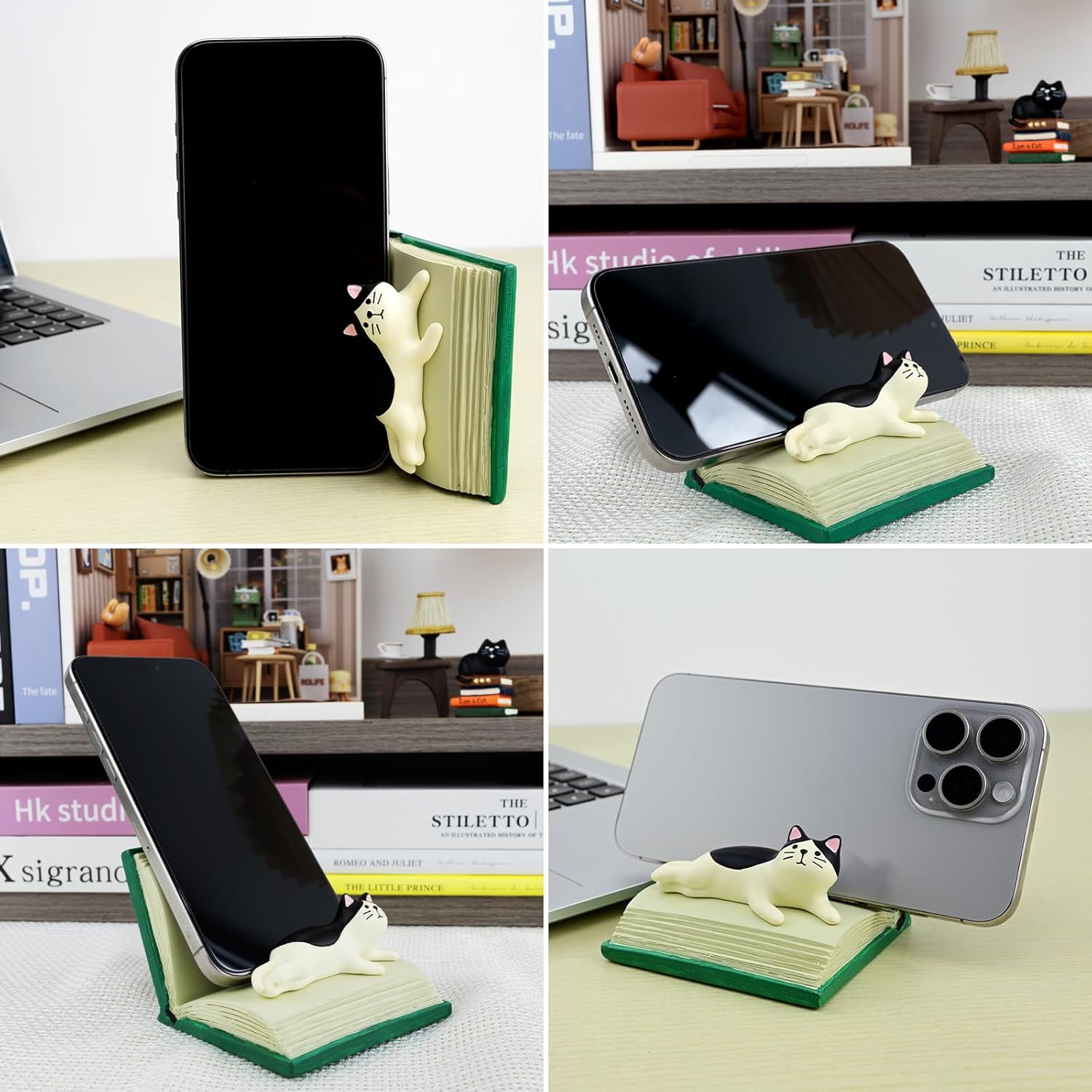 Cute Cat Lay on Book Phone Stand Animal Resin Gifts for Cat Lovers, Home & Office Fashion Accessories (Green) - Image 2
