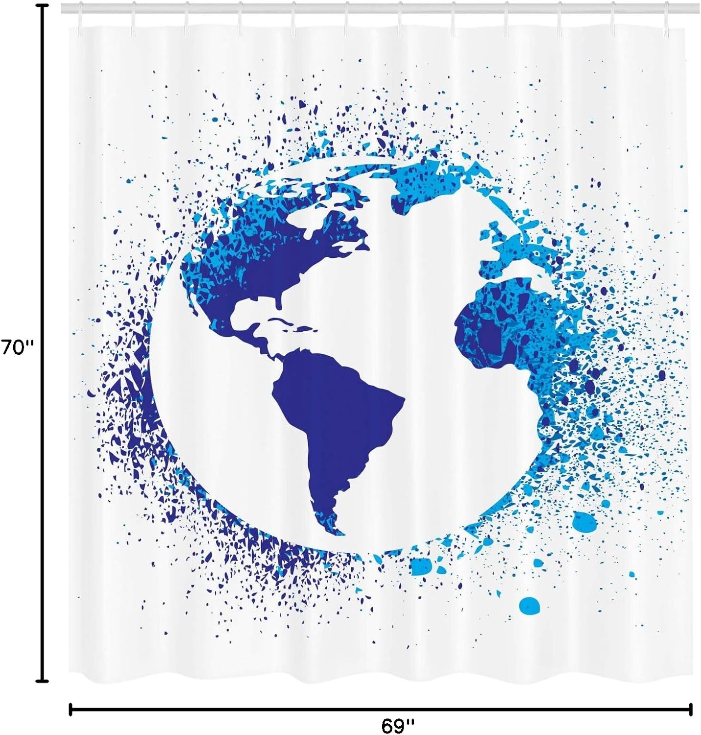Ambesonne Grunge Shower Curtain, Globe with Ink Splatter Illustration Color Splashes All Over World Map Continents, Cloth Fabric Bathroom Decor Set with Hooks, 69" W x 70" L, Blue White