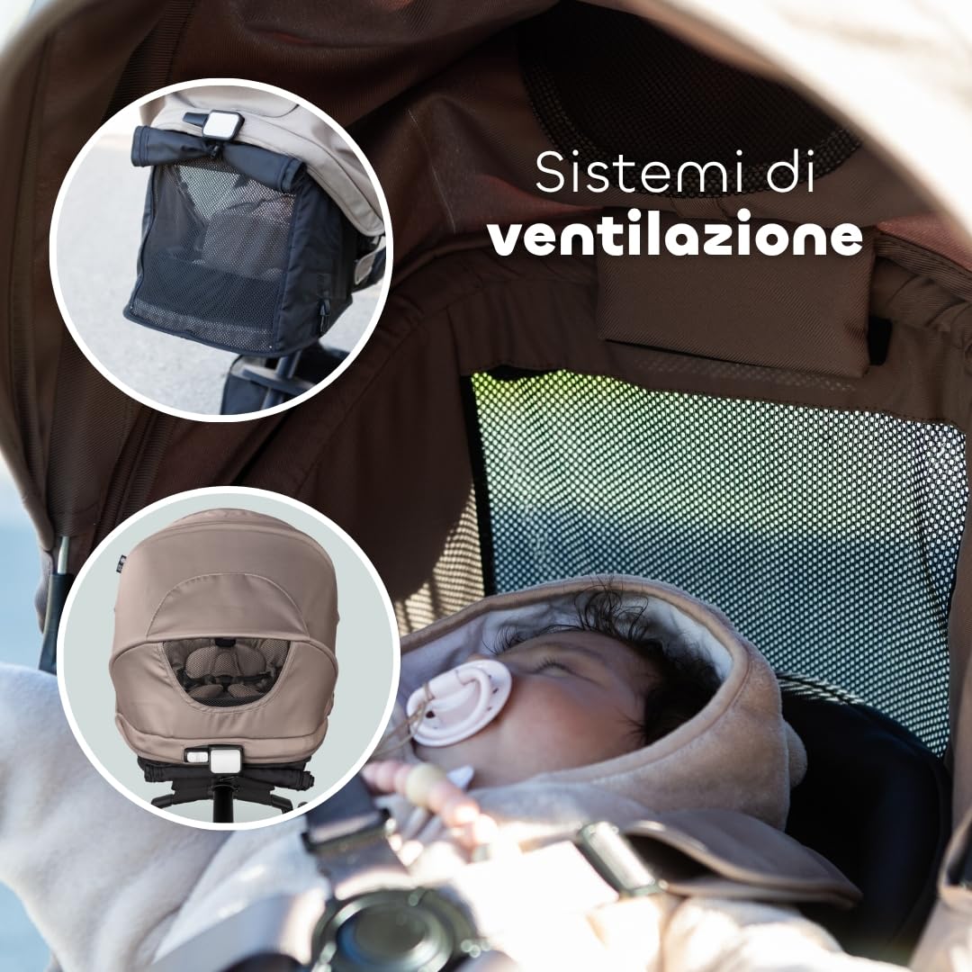 BÉABA X Micro Mobility Baby Cruiser Passeggino Dalla Nascita, Seduta Girevole 360°, 7 Posizioni, 3 Inclinazioni, Chiusura Una Mano, Ruote LED, Imbracatura 5 Punti, Cappottina UPF 50+, Pralinato