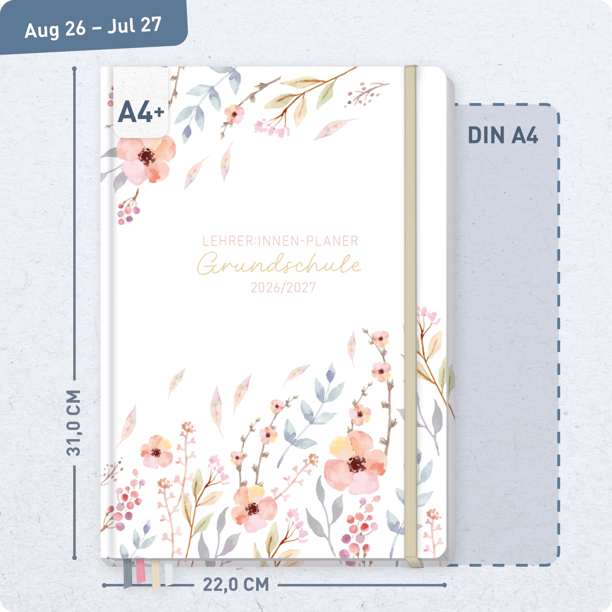 Häfft® Lehrerplaner Grundschule 2026/2027 im A4+ Format Hardcover - Schuljahr 12 Monate (Aug 26 - Jul 27) Lehrerkalender & Unterrichtsplaner für Klasse 1–4 "Sweet Flowers"