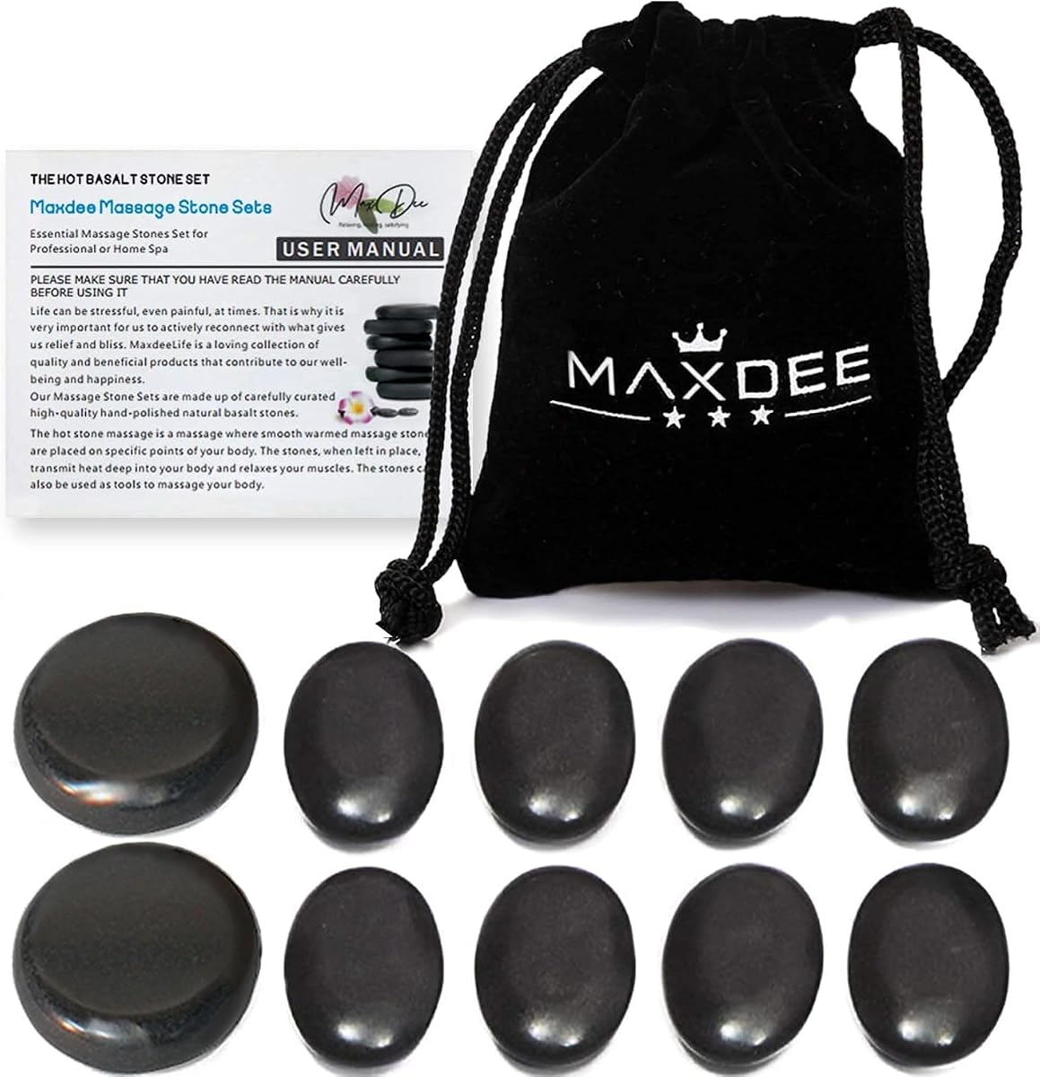Maxdee Gua Sha Juego de herramientas faciales y masaje con piedras calientes | 8 mini piedras Gua Sha y 2 piedras de masaje calientes, esculpido facial para el contorno de la mandíbula y reducción de hinchazón, herramienta de masaje facial, regalo para el cuidado de la piel, 1.6"