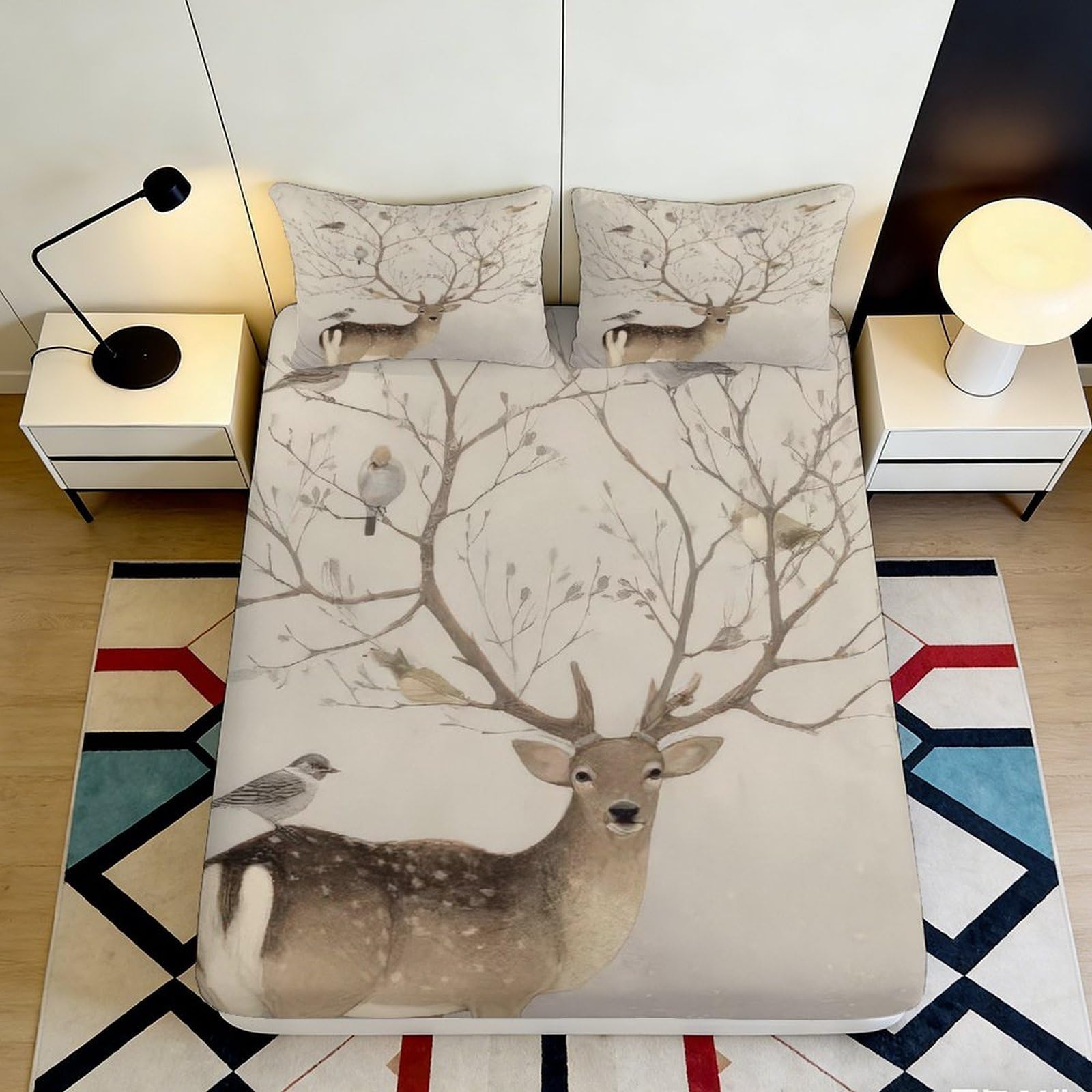 Pnayamiorkfel Style-2 3D Printed Deer Forest Fitted Sheet Microfiber Soft Anti-Slip Bird Tree Mattress Cover Bedroom Decor Protection 90X200x25cm