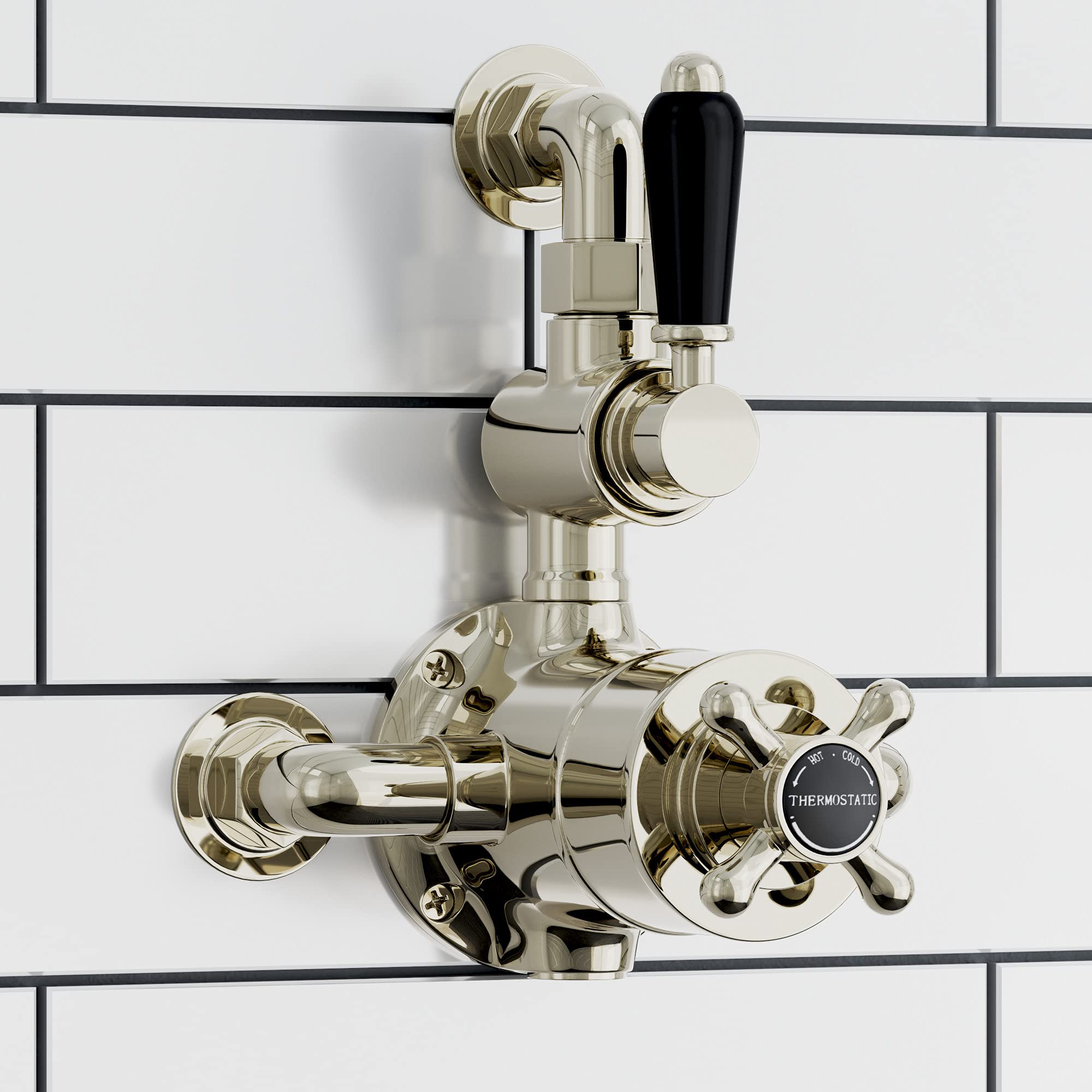 ENKI, Downton, T113, Traditional Thermostatic Shower Valve with Return to Wall Bend, Semi-Concealed Shower Valve, Gold and Black โ image 1