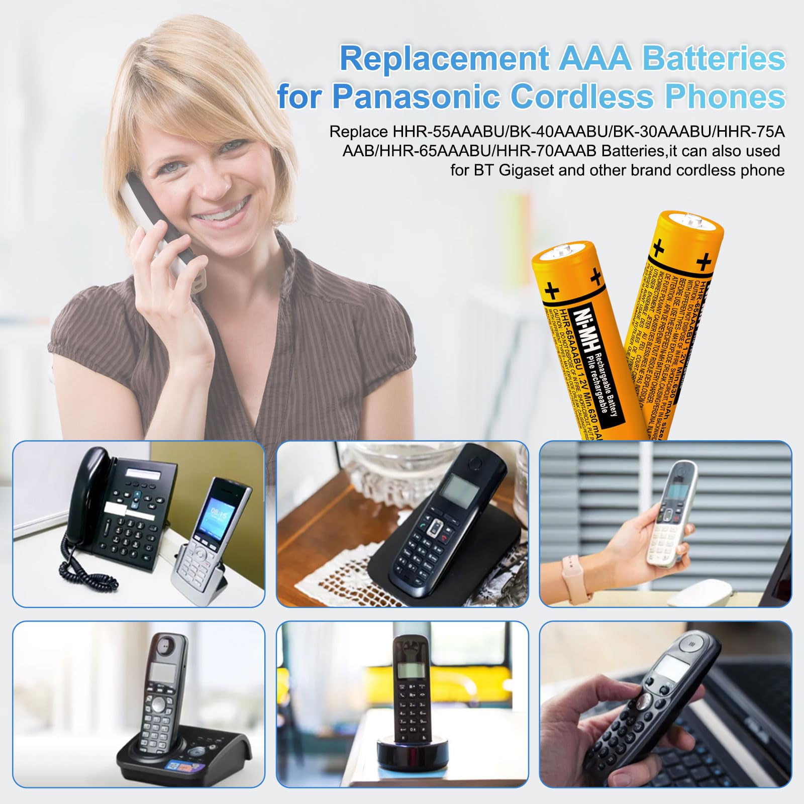 HHR-65AAABU Lot de 4 piles rechargeables NI-MH AAA 630 mAh 1,2 V pour téléphones sans fil Panasonic Gigaset BT