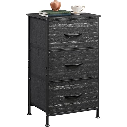 WLIVE Nightstand with 3 Drawers, Fabric Dresser, Organizer Unit, Storage Dresser for Bedroom, Hallway, Entryway, Closets, Steel Frame, Wood Top, Easy Pull Handle, Charcoal Black Wood Grain Print