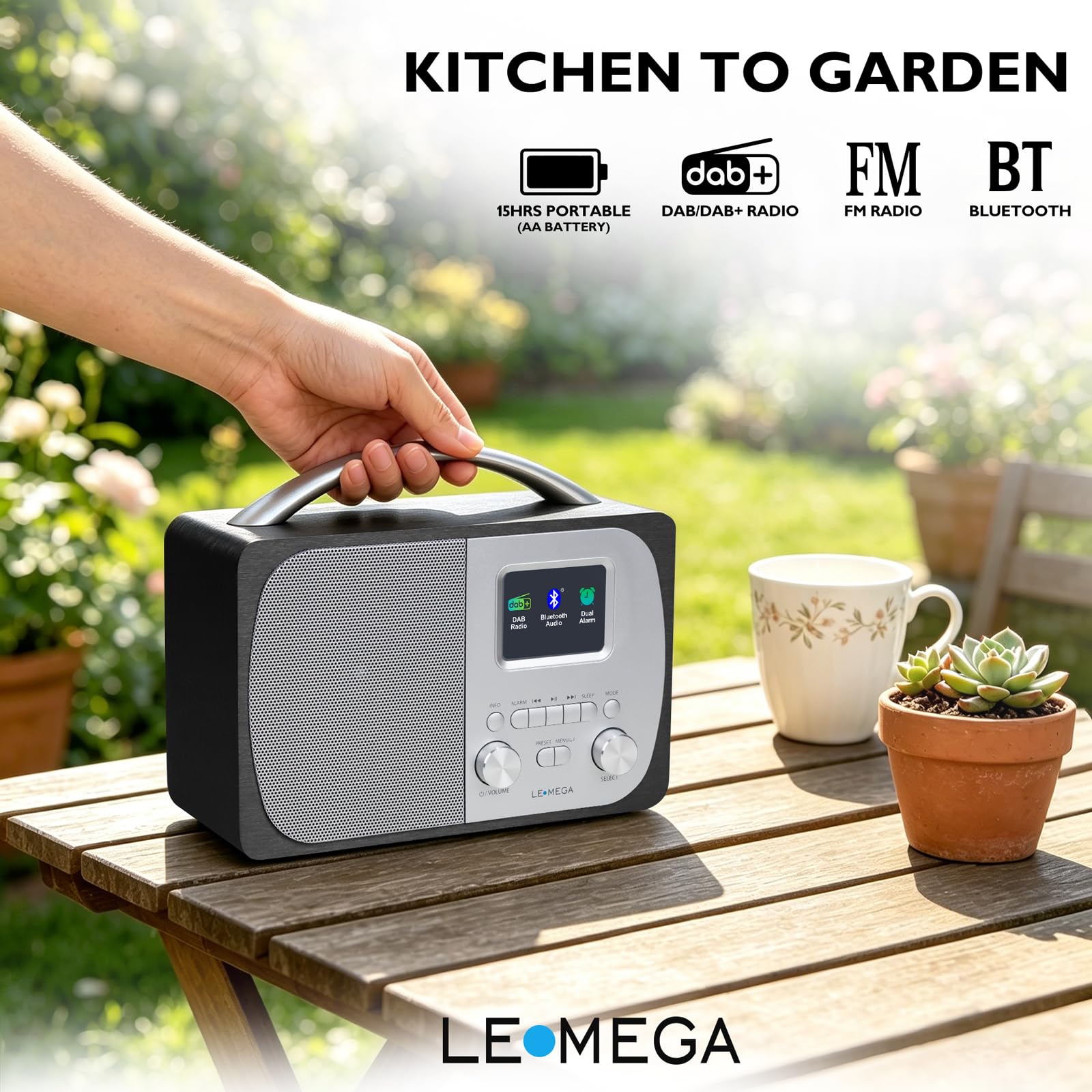 LEMEGA DR5 Radio Numérique DAB/DAB+ Bluetooth Réveil FM Secteur Piles Compacte Bois Métal Brossé