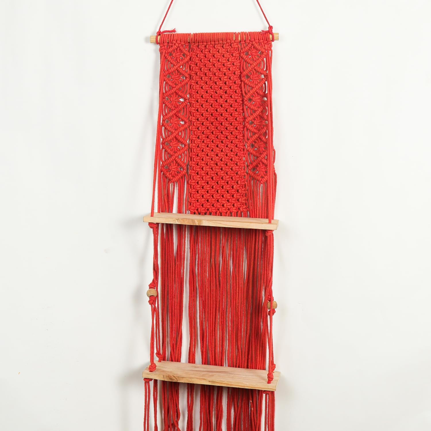Macrame Indoor Floating Double Shelf Wall Hanging Chic Decor | Wood Shelves with Wooden Dowel Decorative Item for Diwali