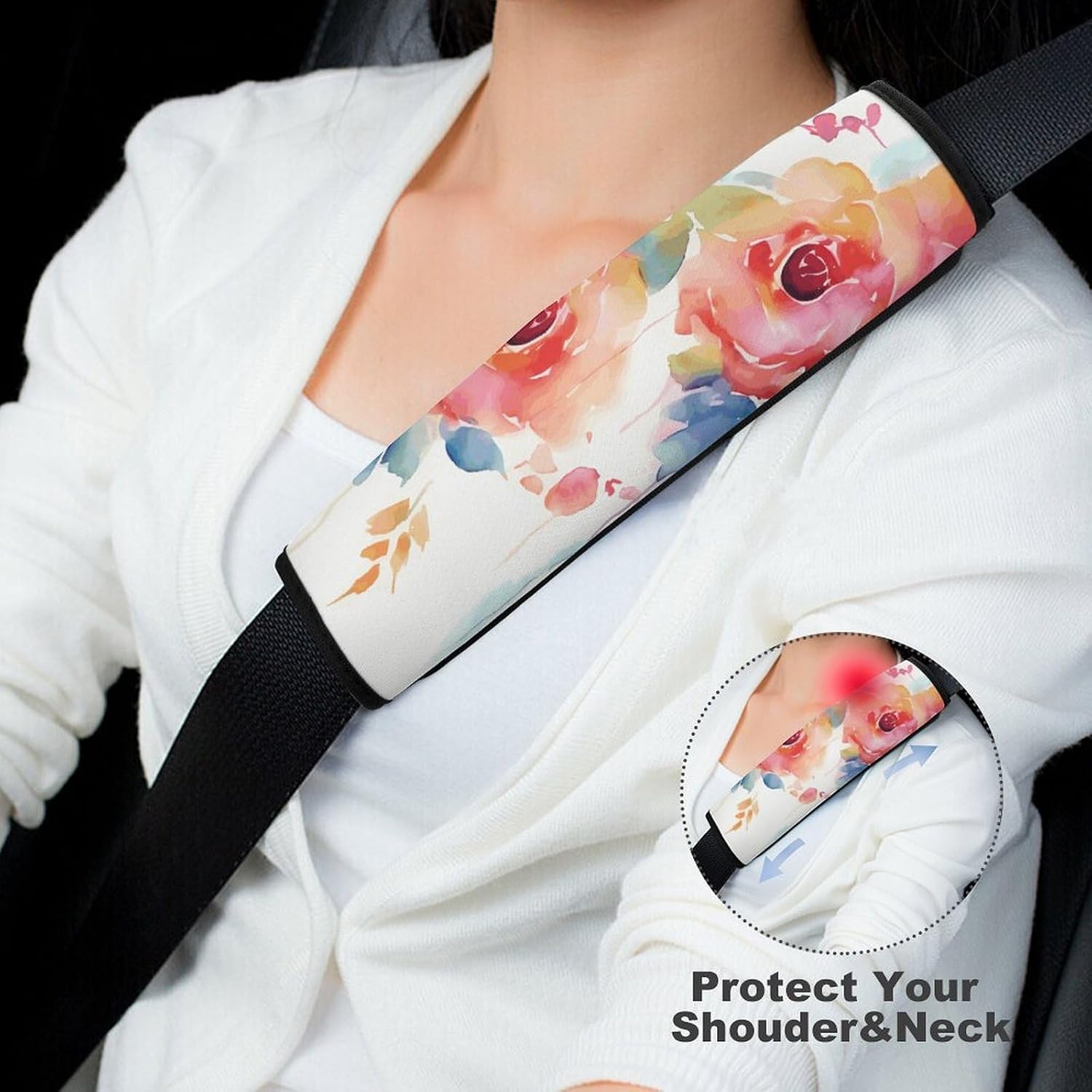 2 PCS Super Soft Car Seat Belt Pad, Cute Watercolor Floral Printed Waterproof Sweat-Absorbing Seat Belt Covers Backpack Shoulder Pad for All Car Seats Baby Strollers