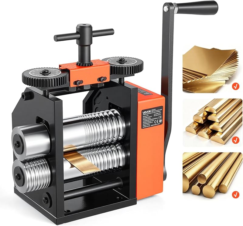VEVOR Rolling Mill 3-in-1 Round Flat Half-Round Forming Roller Mill Machine | Manual Jewelry DIY Tool, 0.03-7 mm Adjustable Thickness, Stable & Even Rolling, for Ductile Metals, Gold, Silver, Copper