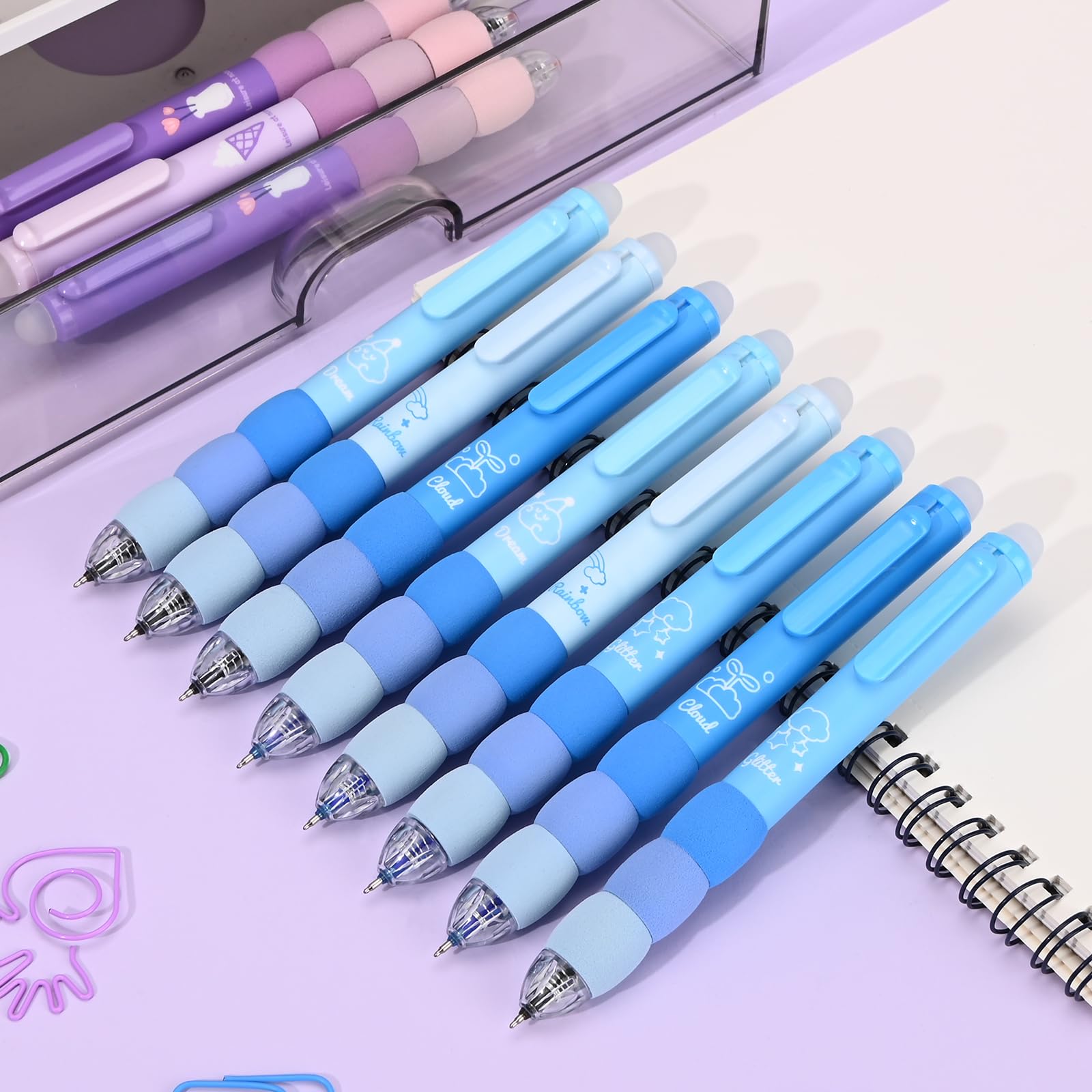 Temiary 18 penne gel cancellabili retrattili estetiche, fanno scomparire gli errori, 8 penne e 10 ricariche, penna per scrittura liscia a cartoni animati, penna a inchiostro nero e blu da 0,5 mm,