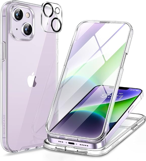 Miracase Compatible with iPhone 14 Plus Case 6.7-inch, [Built-in Glass Screen Protector + 2 Camera Lens Protector] 2022 Upgrade Full Body Rubber Bumper Clear Back Case Cover (Clear)