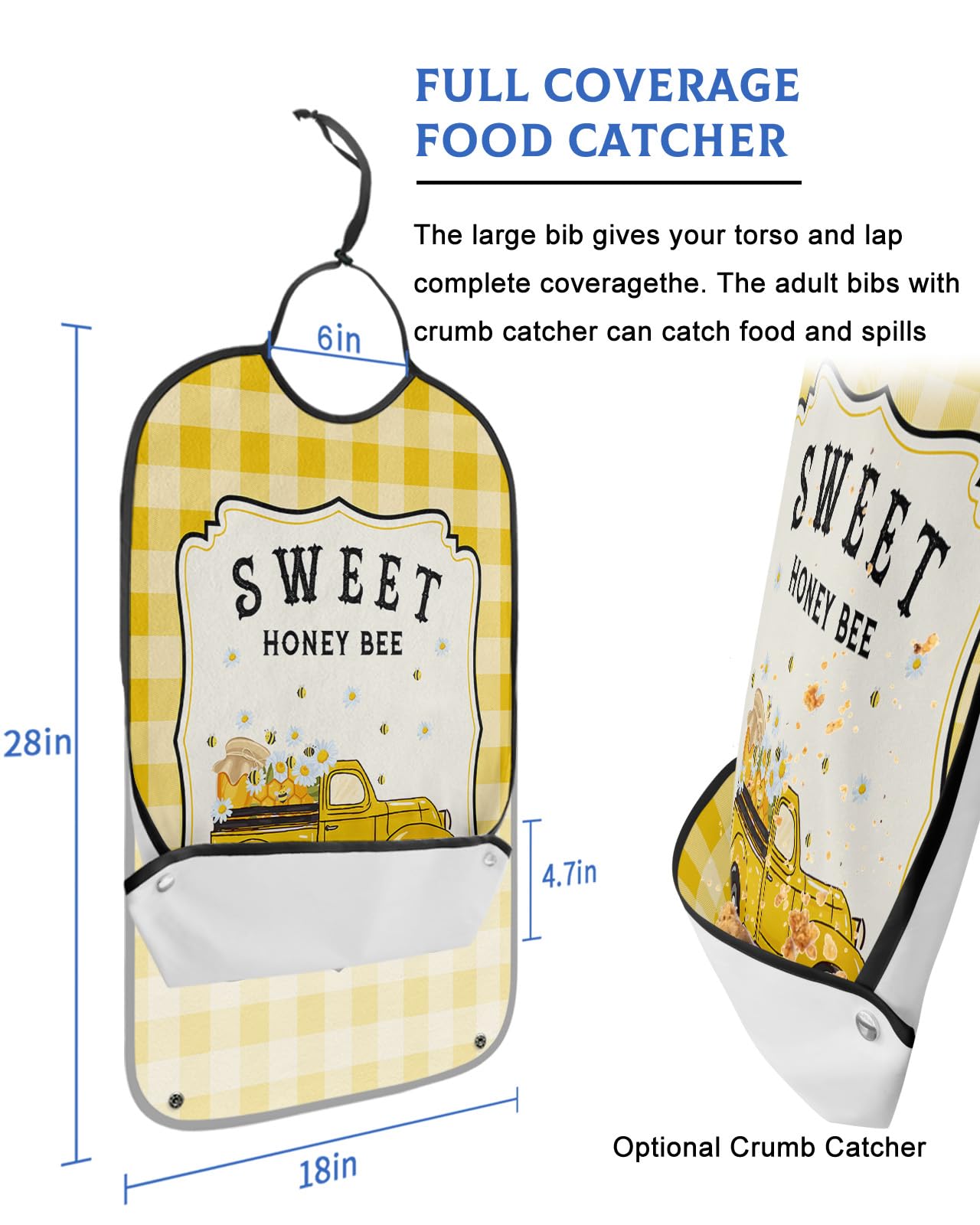 Summer Bee Truck Adult Bibs for Eating, Waterproof Bibs with Food Catcher & Adjustable Snap Closure, Spring Floral Yellow Plaid Honey Bee Washable Clothing Protectors Adult Bibs for Elderly Women/Men