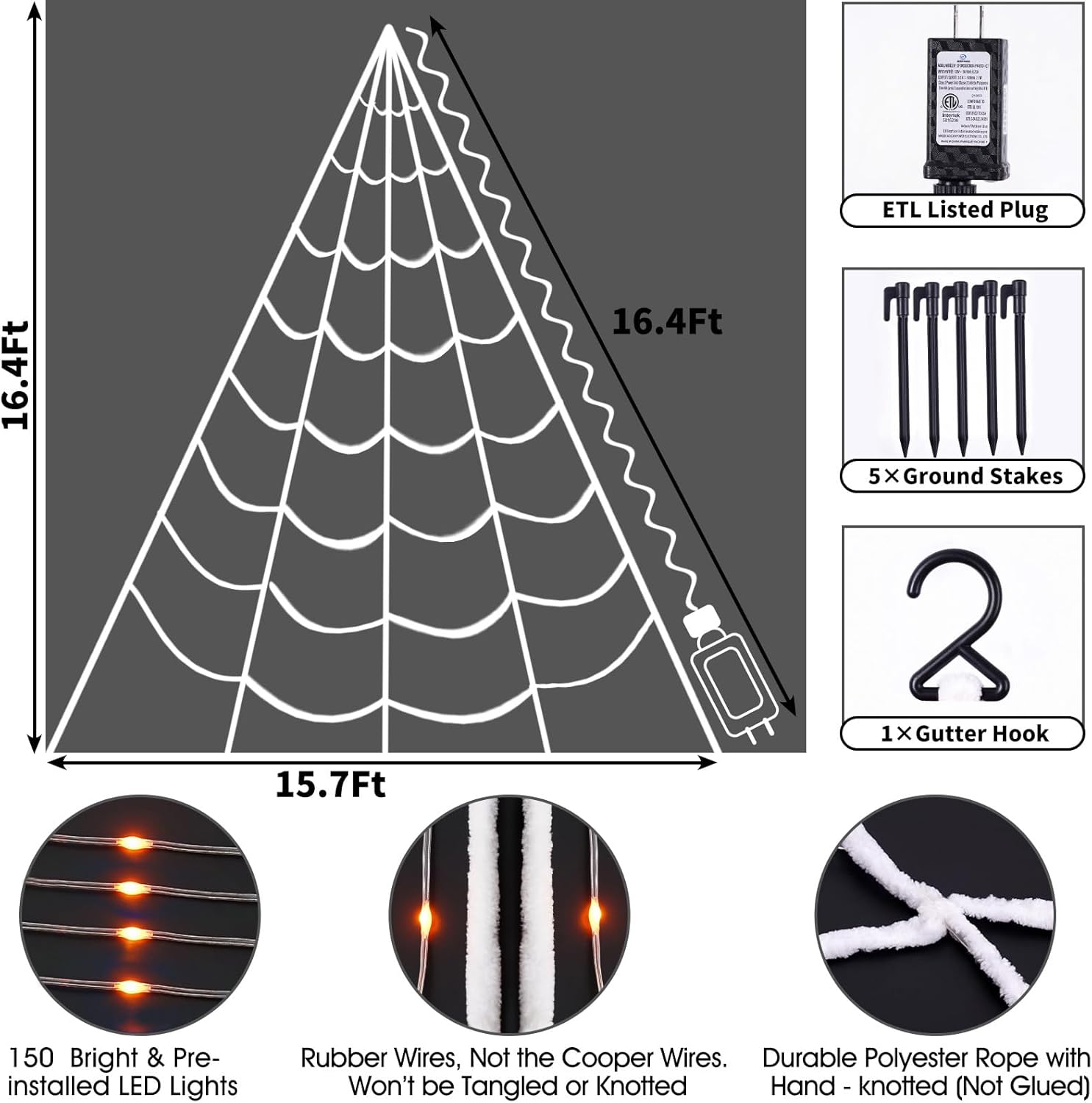 Halloween Spider Web Lights 150 LED Lighted Spider Web Giant 16.4 Ft Halloween Decorations Light up with 8 Lighting Modes Waterproof & Timer for Outdoor Indoor Yard Haunted House Decor (Orange)