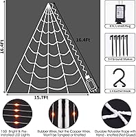 Vista 5 de Luces de telaraña de Halloween, 150 luces LED gigantes, 16.4 pies, decoraciones de Halloween iluminadas con 8 modos de iluminación, impermeable