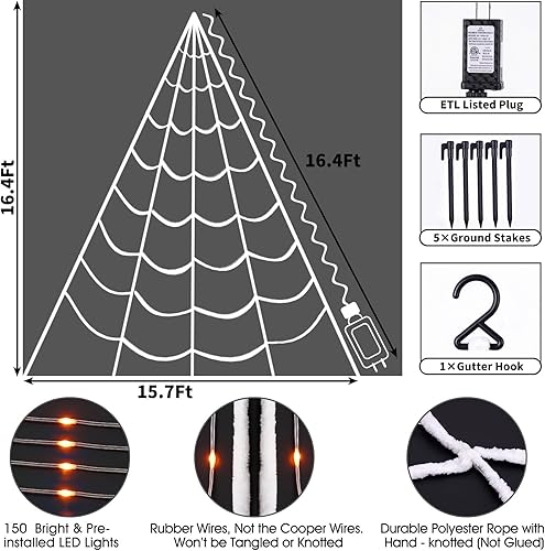 Miniatura 5 de Luces de telaraña de Halloween, 150 luces LED gigantes, 16.4 pies, decoraciones de Halloween iluminadas con 8 modos de iluminación, impermeable y