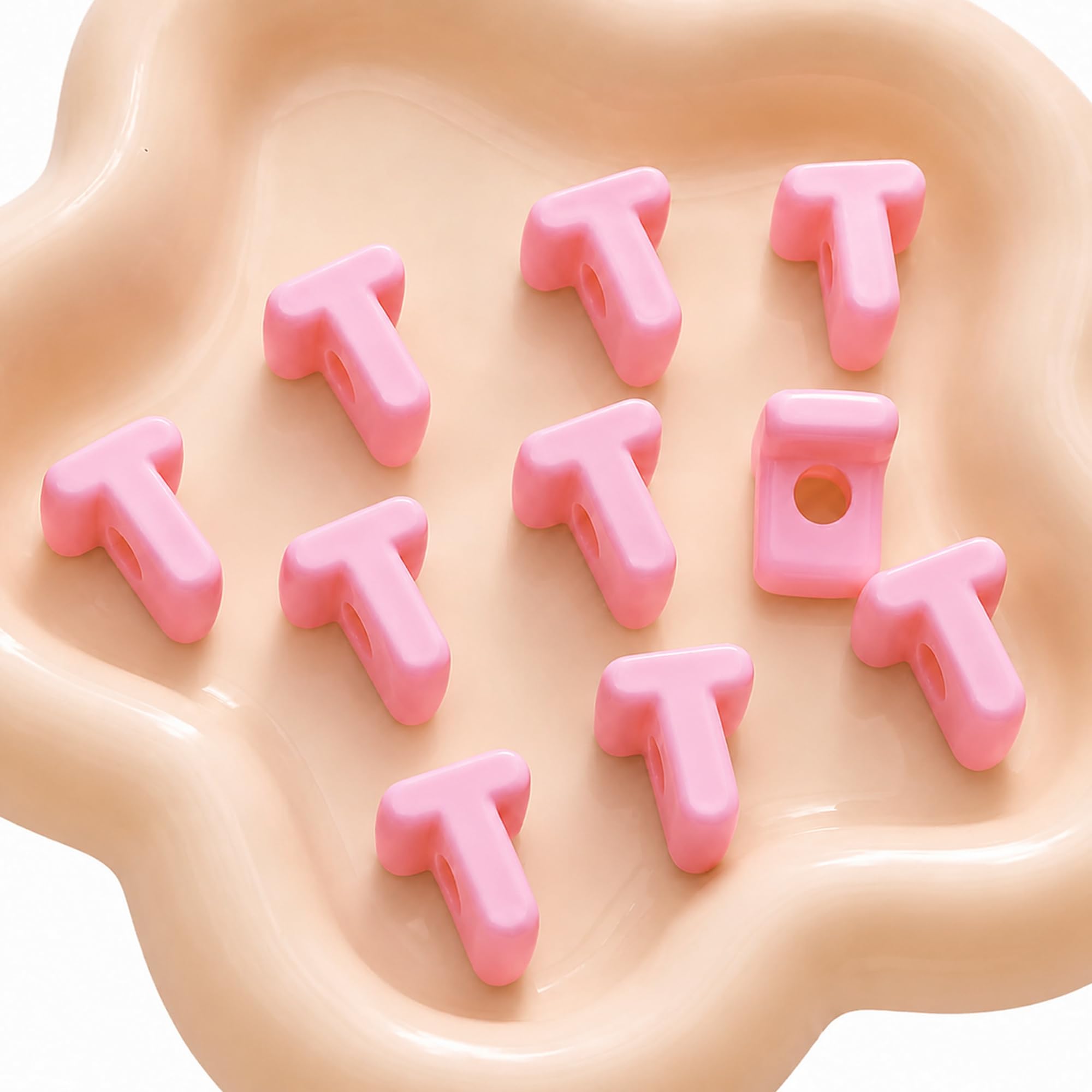 Letter Beads, 10pcs Alphabet Beads, Large Acrylic Letter Beads with 6mm Holes for Bracelet Making, Jewellery, Keyrings and Craft Projects (Light Pink, Letter T)