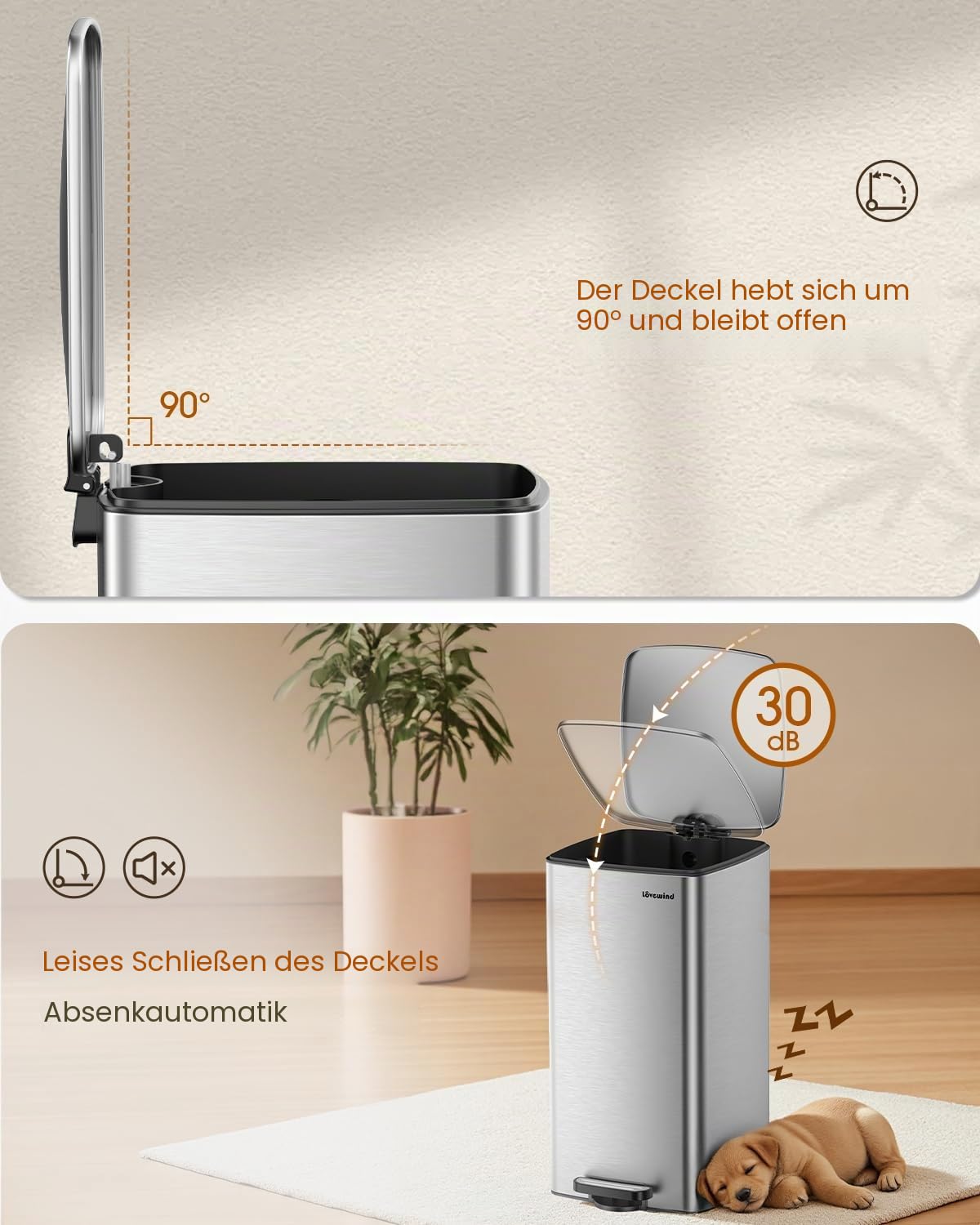 lovewind Küchenabfalleimer, 30L Silber Mülleimer Küche aus Edelstahl mit Pedal, mit Deckel und Inneneimer, Sanft Schließend und Offen Bleibend, Geeignet für Küche, Bad und Wohnzimmer