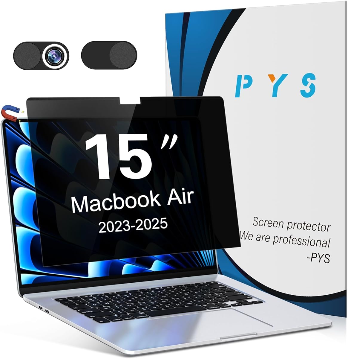 PYS Magnetic Privacy Screen for MacBook Air 15 Inch (2025/2024/2023, M4/M3/M2) - Laptop Privacy Filter with Camera Cover Slide and Anti-Glare Protector, Easy On/Off Anti-Blue Light Screen Protector