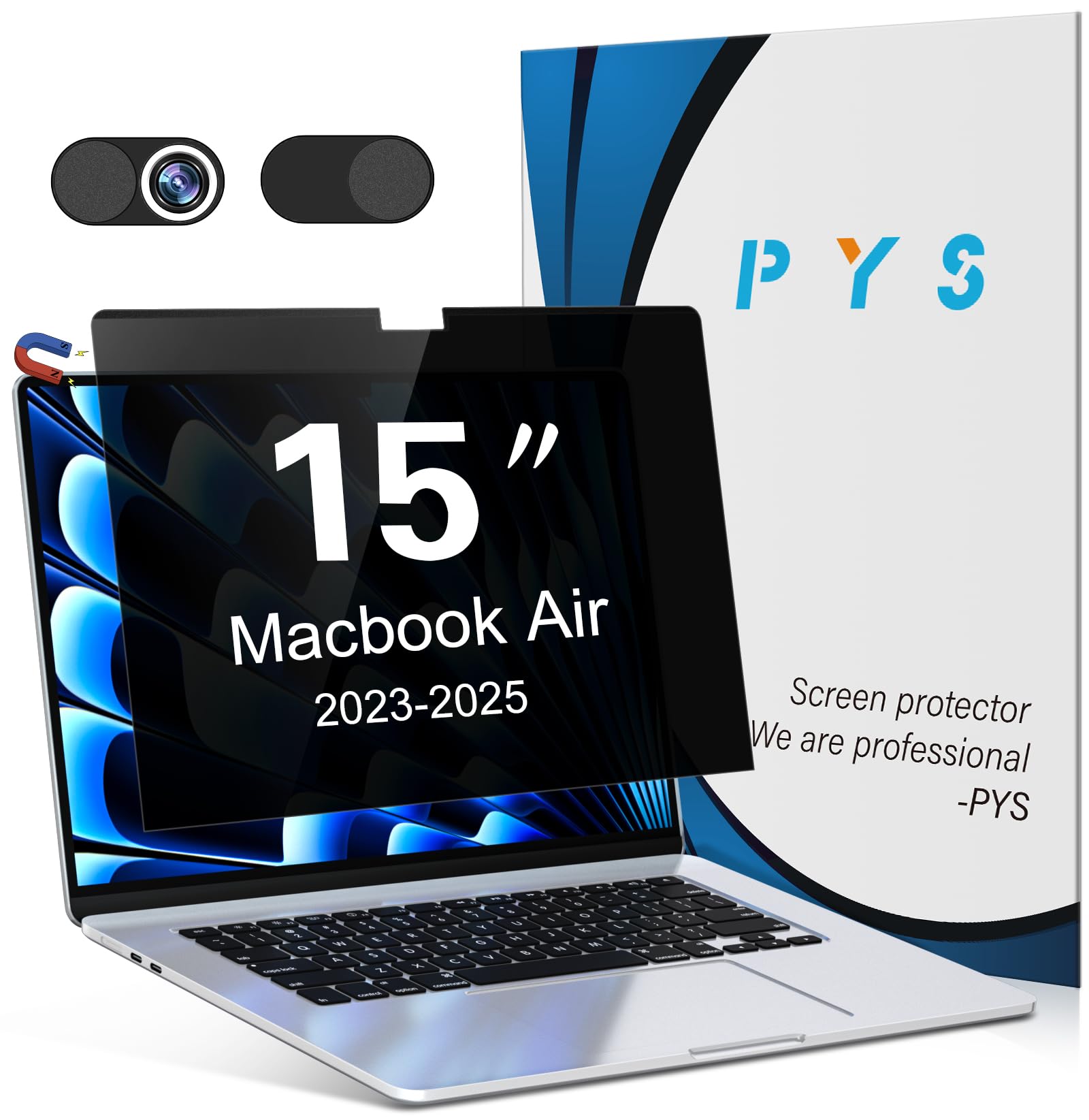 PYS Magnetic Privacy Screen for MacBook Air 15.3 Inch (2025/2024/2023, M4, M3, M2 Chip) - Removable Anti-Glare Protector with Camera Cover Slide,
