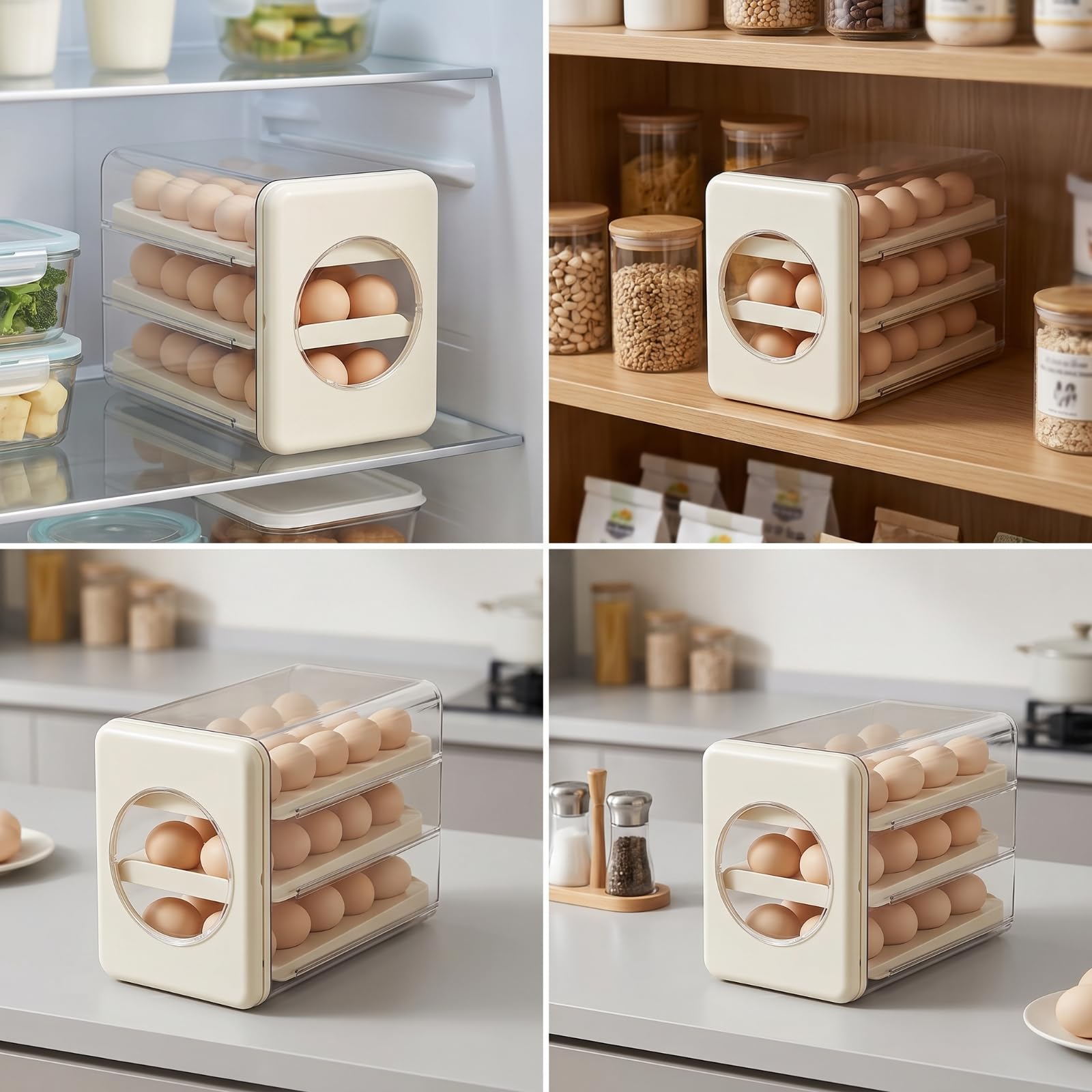 Soporte para Huevos Organizador de Cocina Contenedor Dispensador Caja de Almacenamiento con Cajones Deslizantes Cuerpo Transparente Diseño Apilado de