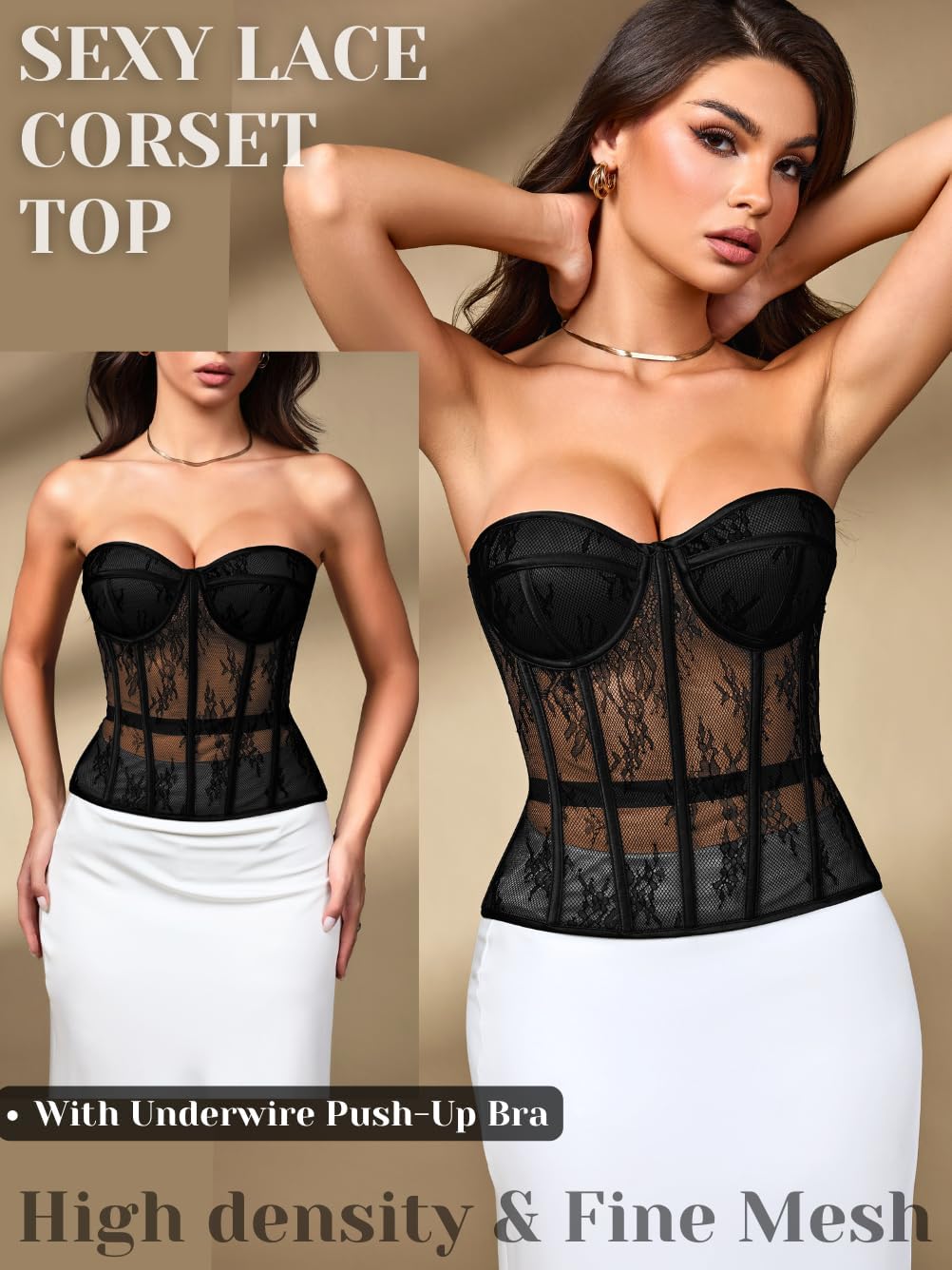ChiaoLezhee Sexy Lace Corset, Sheer Mesh Push-Up Underwire Bustier Shapewear, Party Outfits for Women 00-18 - Image 2